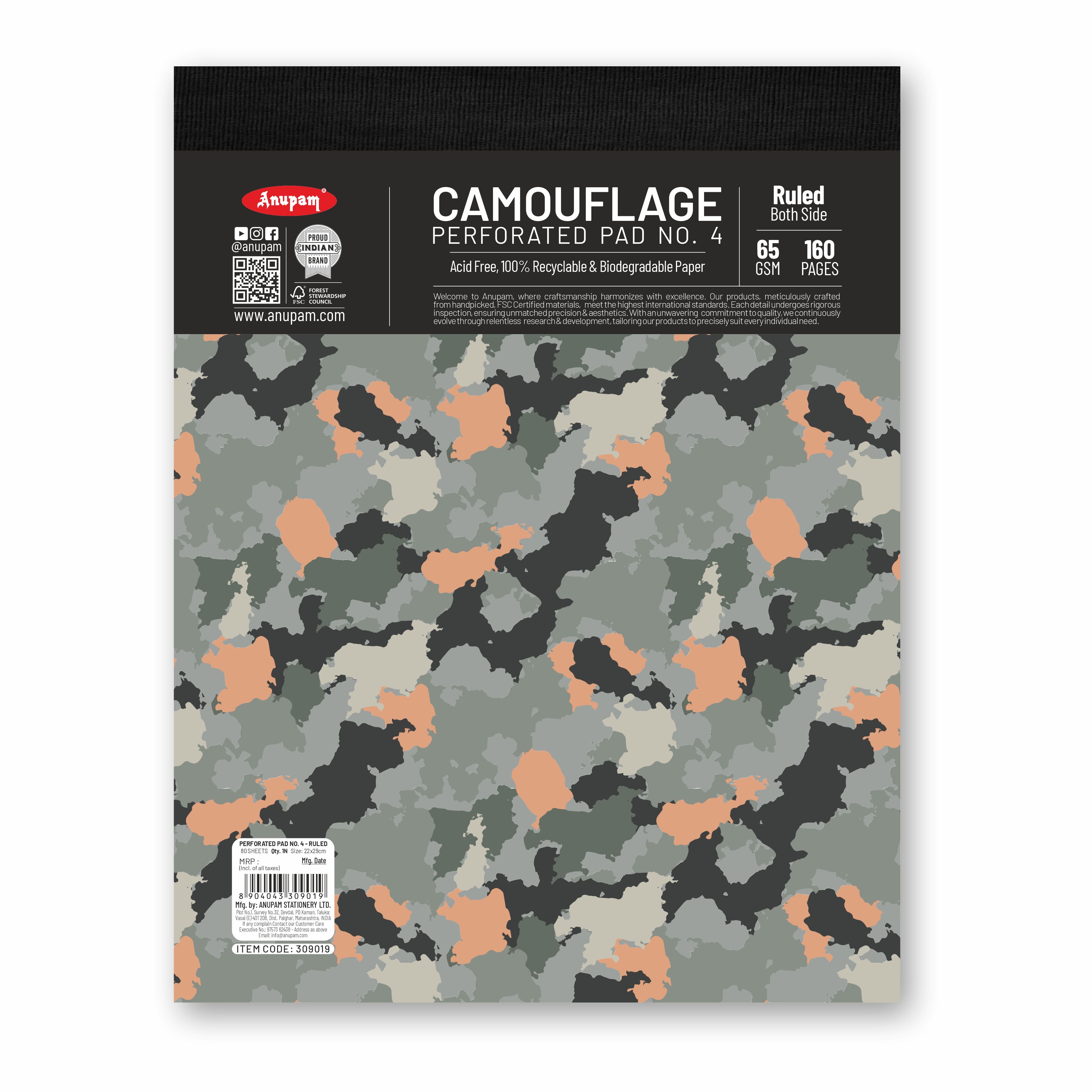 Anupam Camouflage Writing Pad-Wide Ruled Notepad-65 GSM-Micro Perforated Notebook-80 sheets