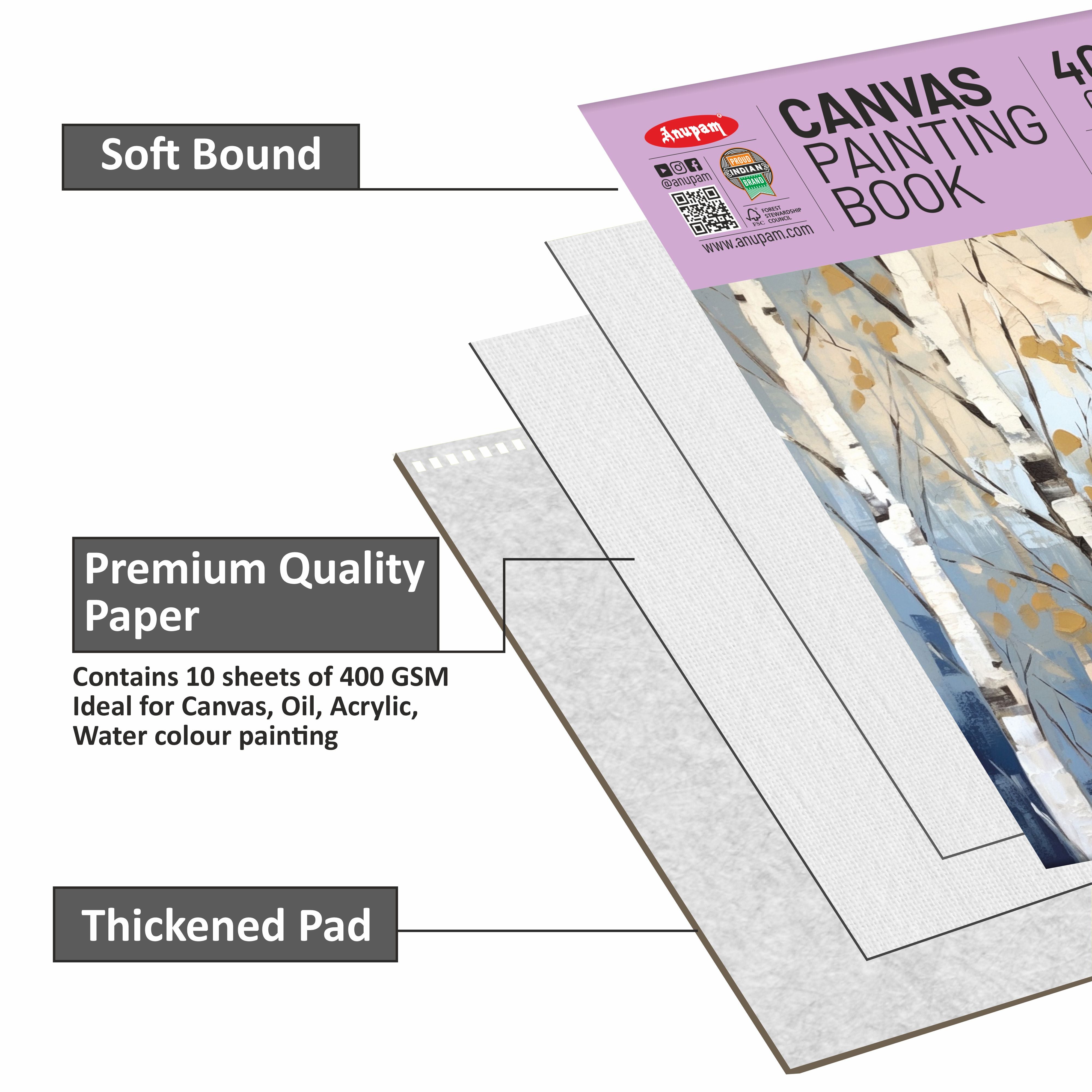 Anupam Canvas Pad Acrylic Gesso Primed Acid Free-10 Oz -400GSM-(10 Sheets)