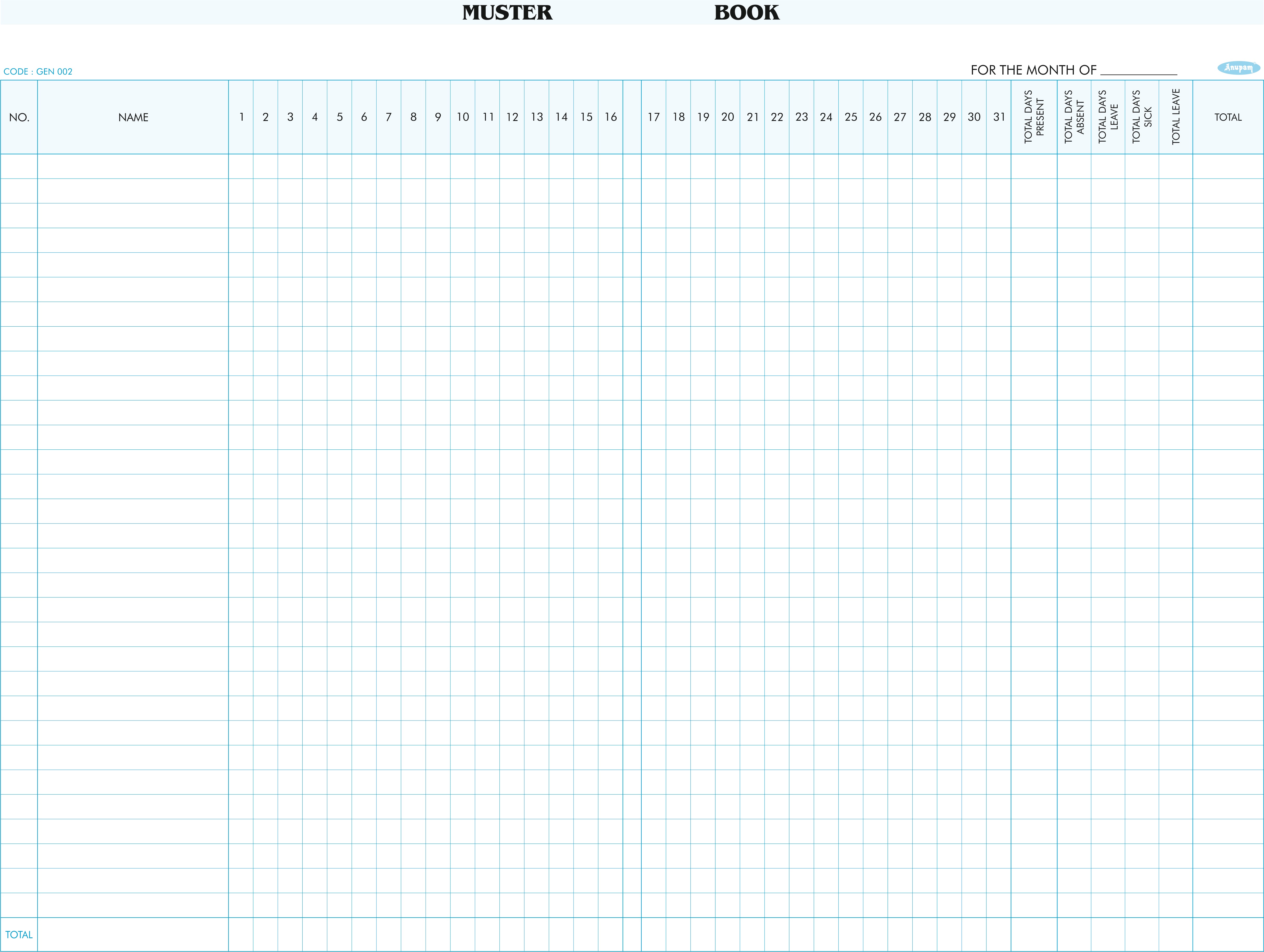 Rolling Register Anupam Muster Roll 002 – Register Hard Bound Ledger Paper