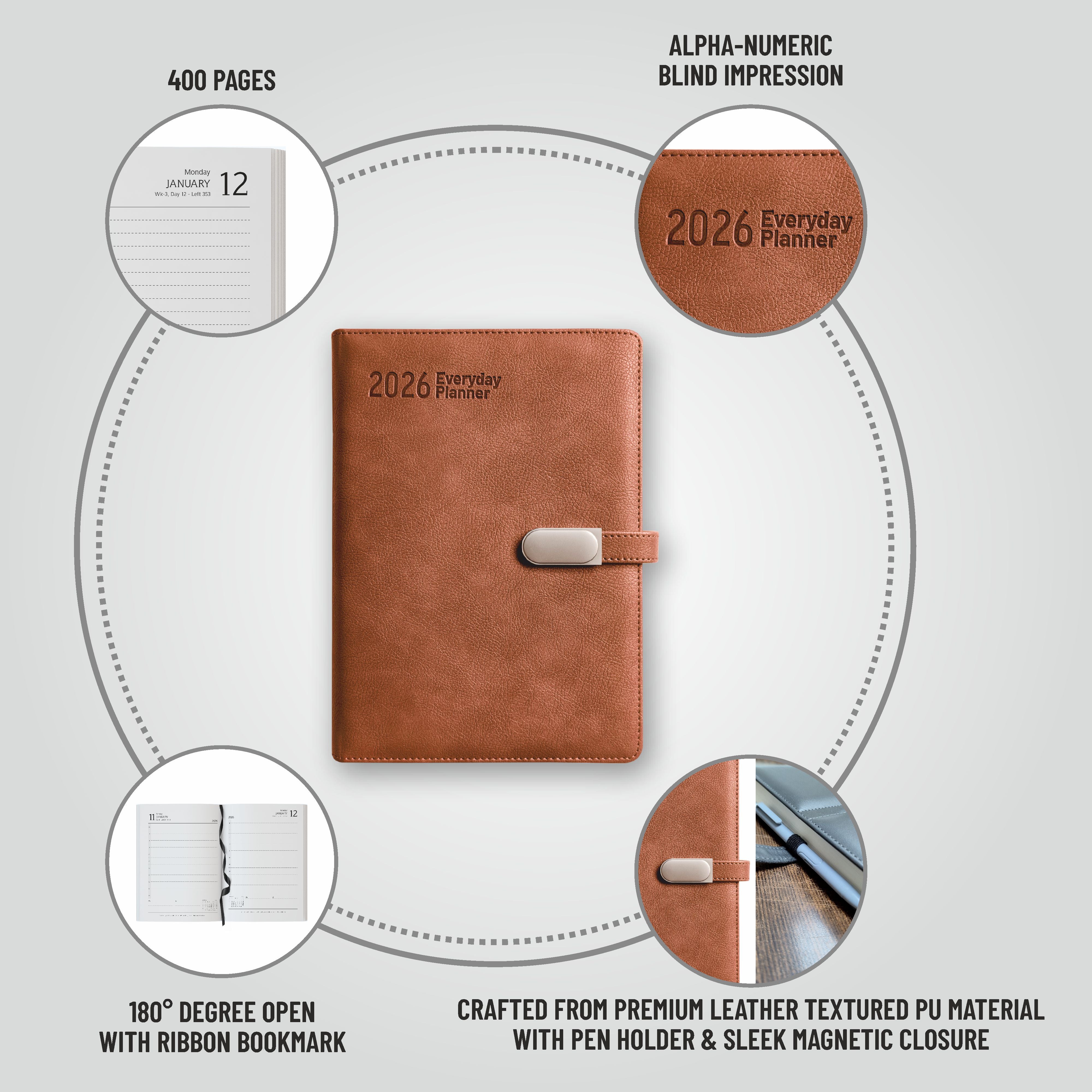 Anupam Crest 2026 Diary, Daily Planner with Dates, 365 Days Full Page Per Day, Monthly Calendar, PU Leather Textured Cover, Metallic Magnetic Closure & Pen Holder – New Year Office Diary