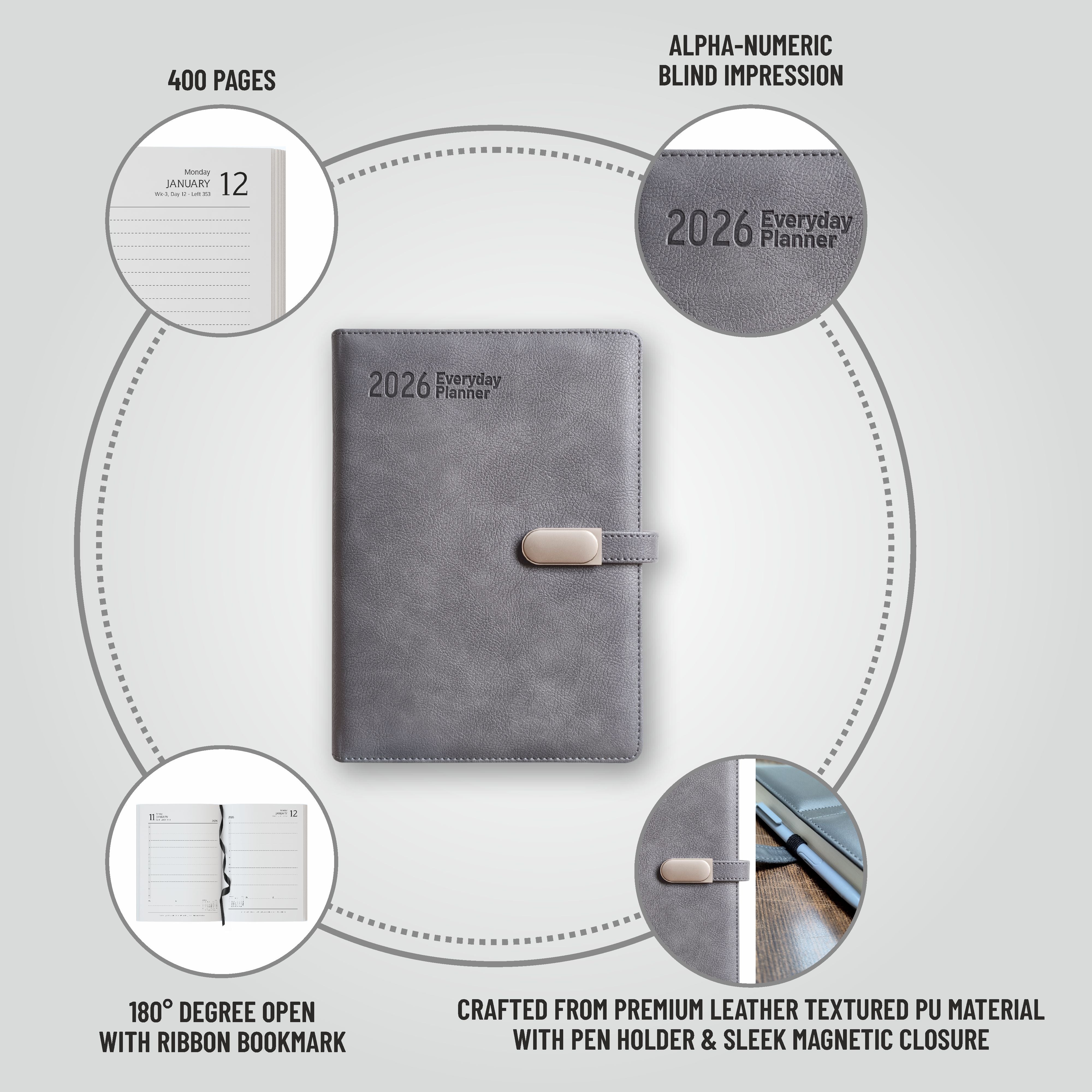 Anupam Crest 2026 Diary, Daily Planner with Dates, 365 Days Full Page Per Day, Monthly Calendar, PU Leather Textured Cover, Metallic Magnetic Closure & Pen Holder – New Year Office Diary