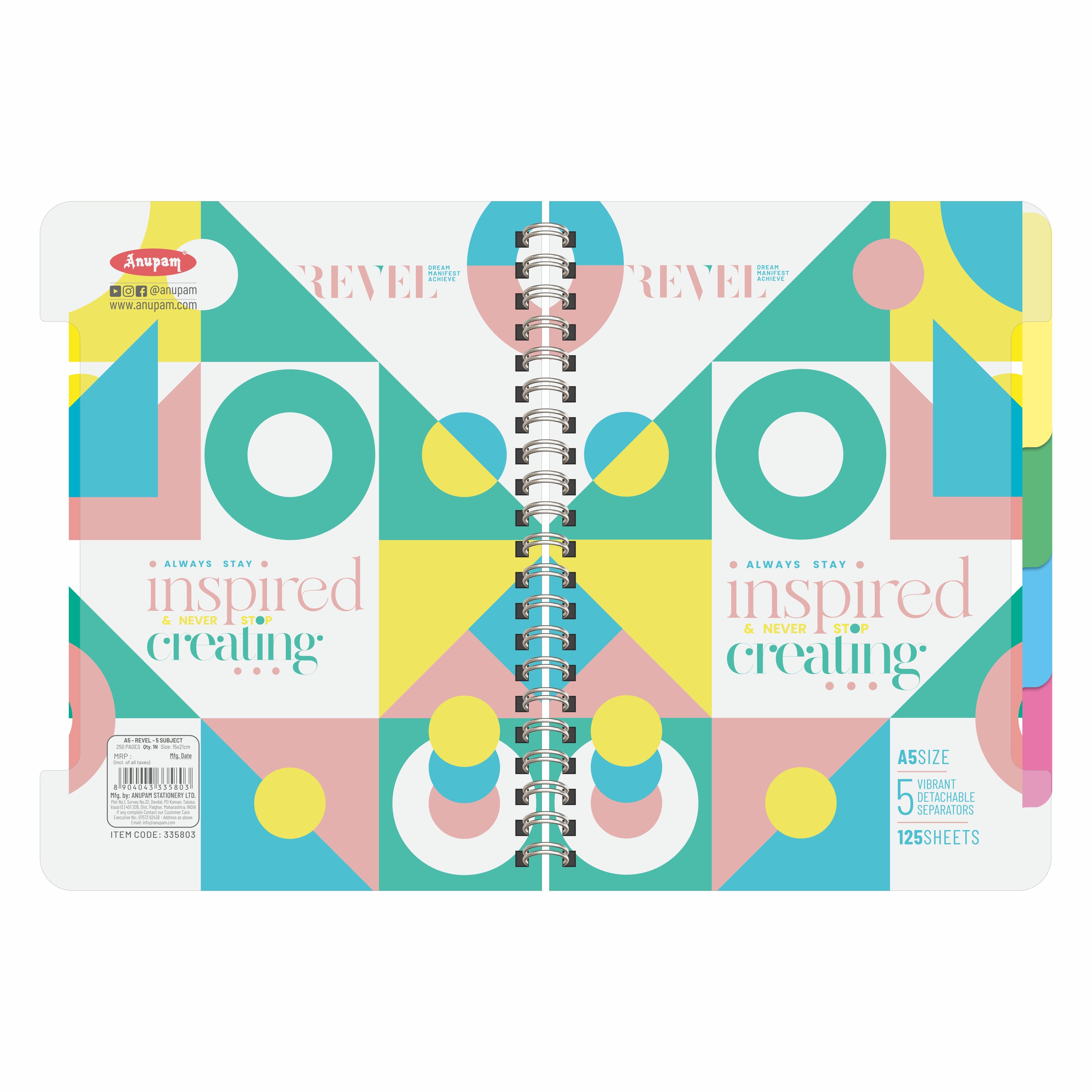 Anupam Revel 5 Subject Book 250Pgs 80 Gsm Natural White - A5 College Ruled Spiral Notebook Movable Dividers, Front/transparent  Plastic Covers, Multi Subject Notebook