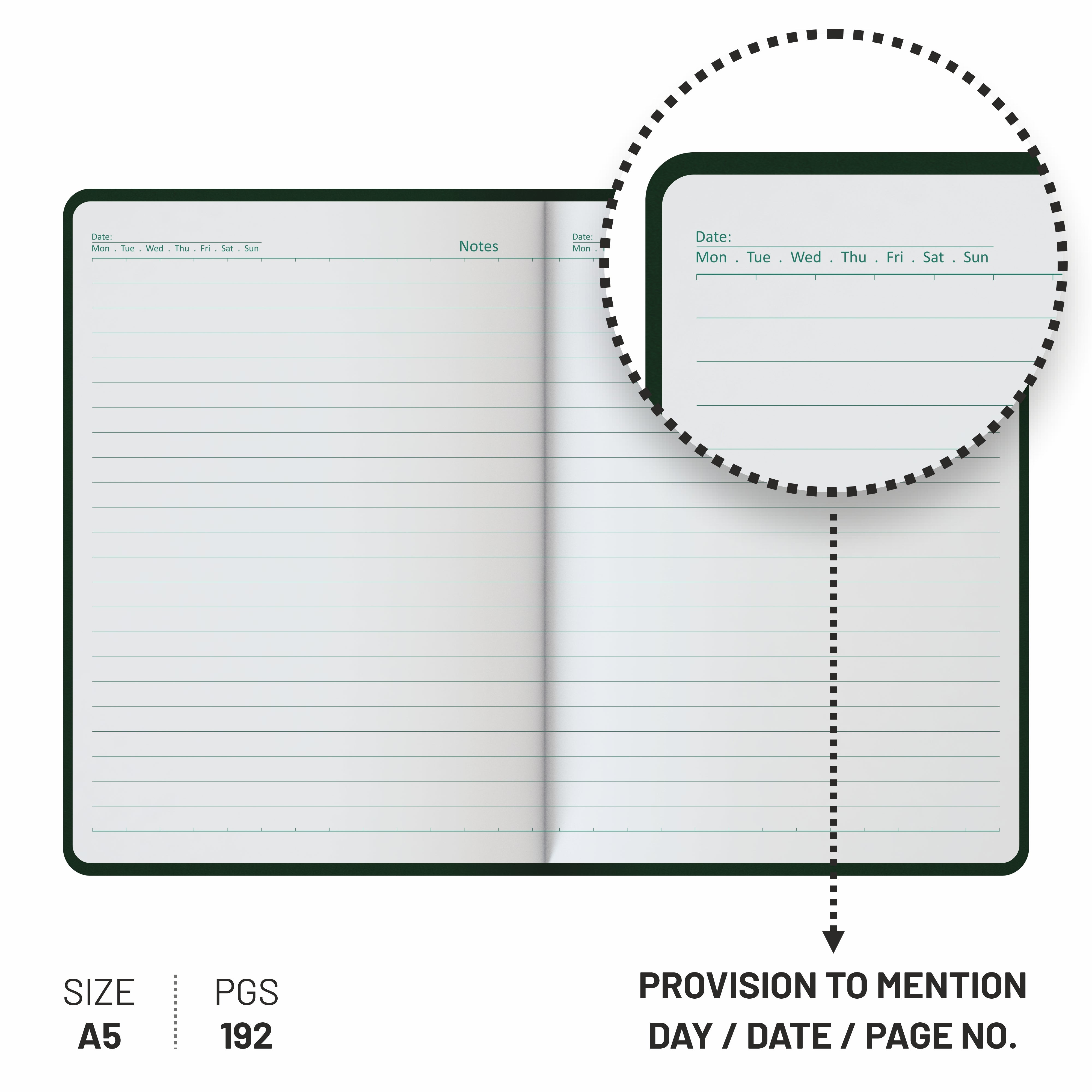 Anupam Daily Notes A5 Journal Notebook – 256 Pages, 80gsm, Fine Matte PVC Hard Cover with Foil, Elastic Closure, and Special Undated Calendar Pages