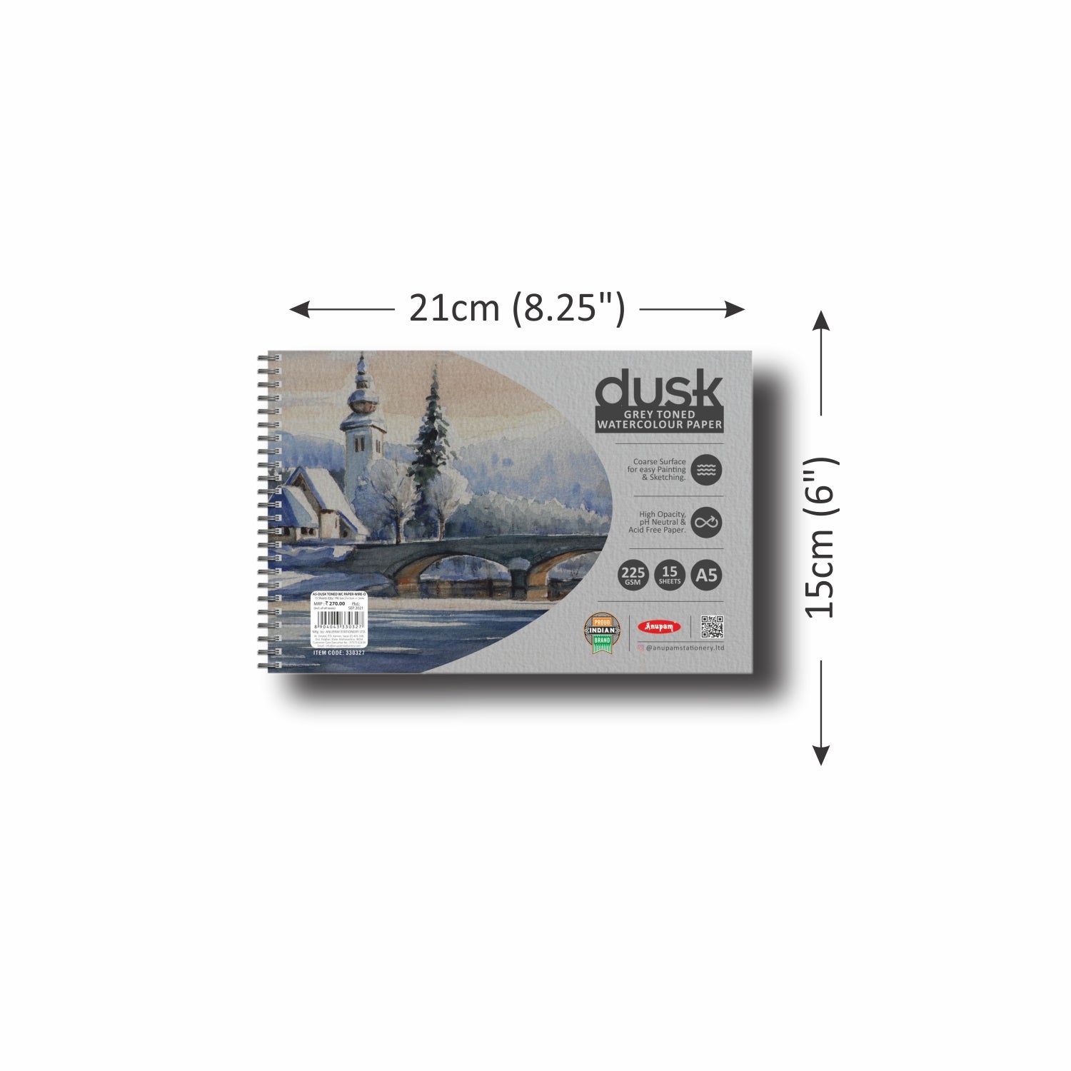 Anupam Dusk Grey Toned Water Colour Paper Cold Pressed Wireo Book 225 GSM
