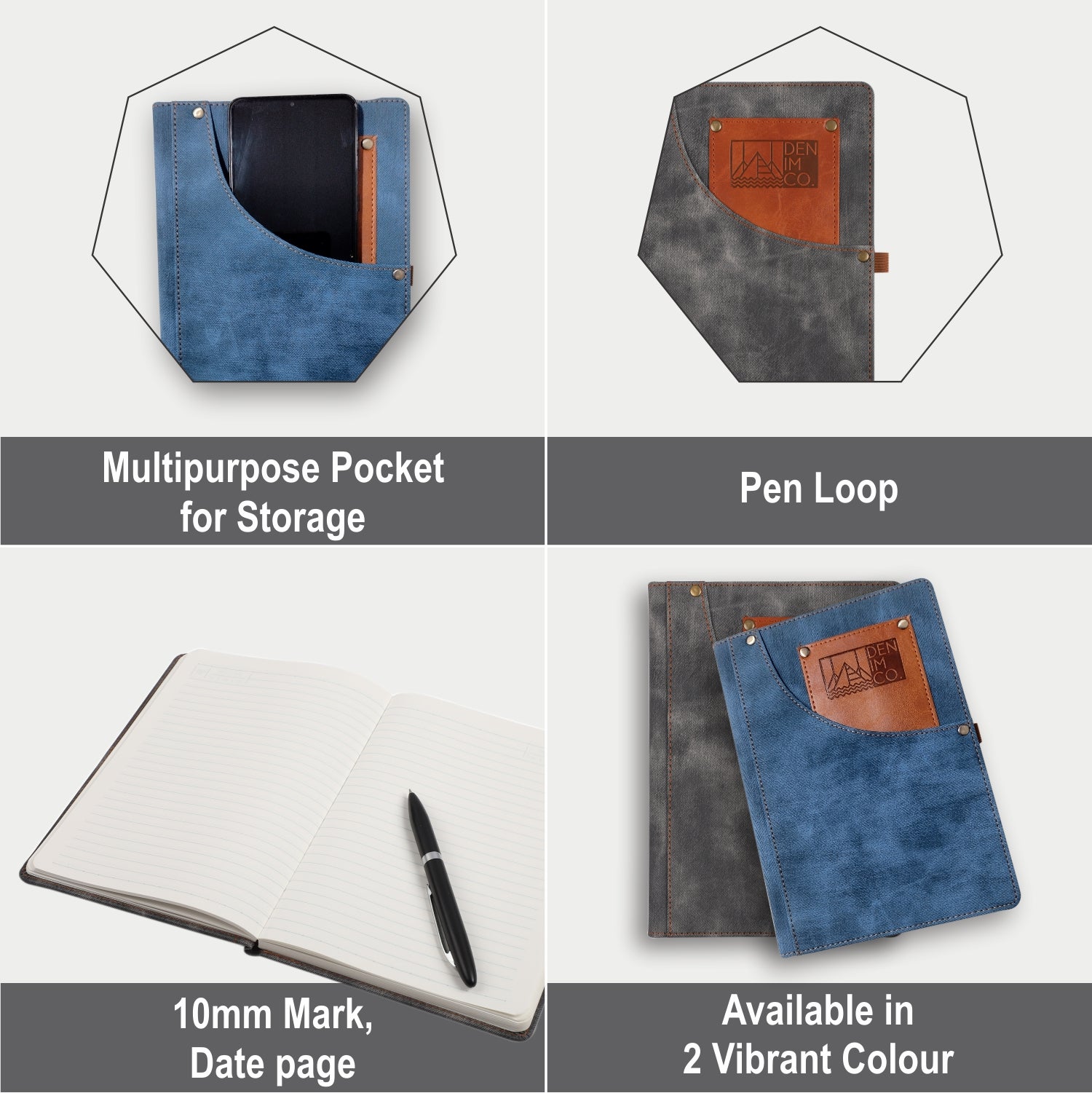 Anupam Engage Ruled Notebook-Denim PU Hardcover Journal Notebook-80 gsm 192 Pages Thick Paper Notebook with Front Pockets