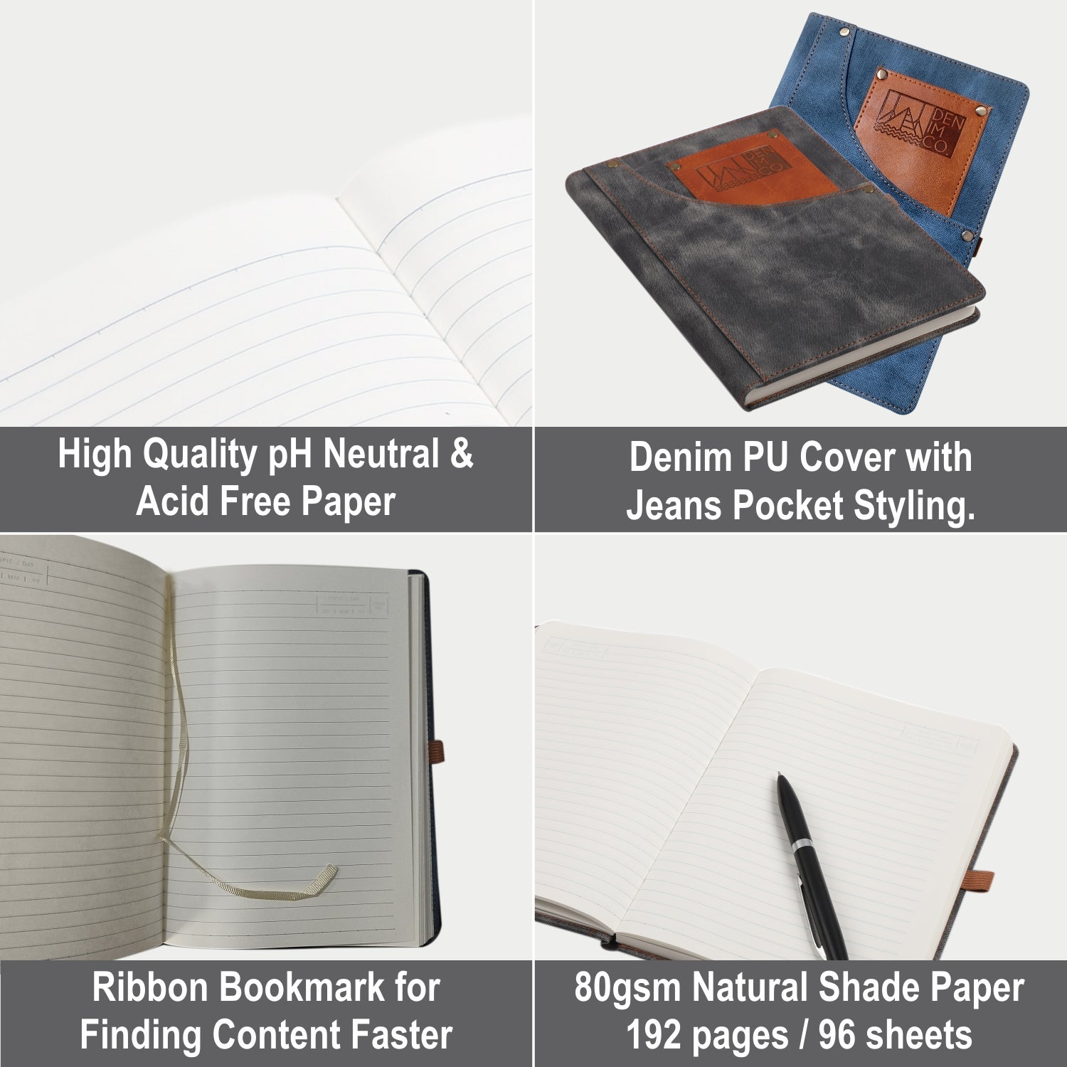 Anupam Engage Ruled Notebook-Denim PU Hardcover Journal Notebook-80 gsm 192 Pages Thick Paper Notebook with Front Pockets