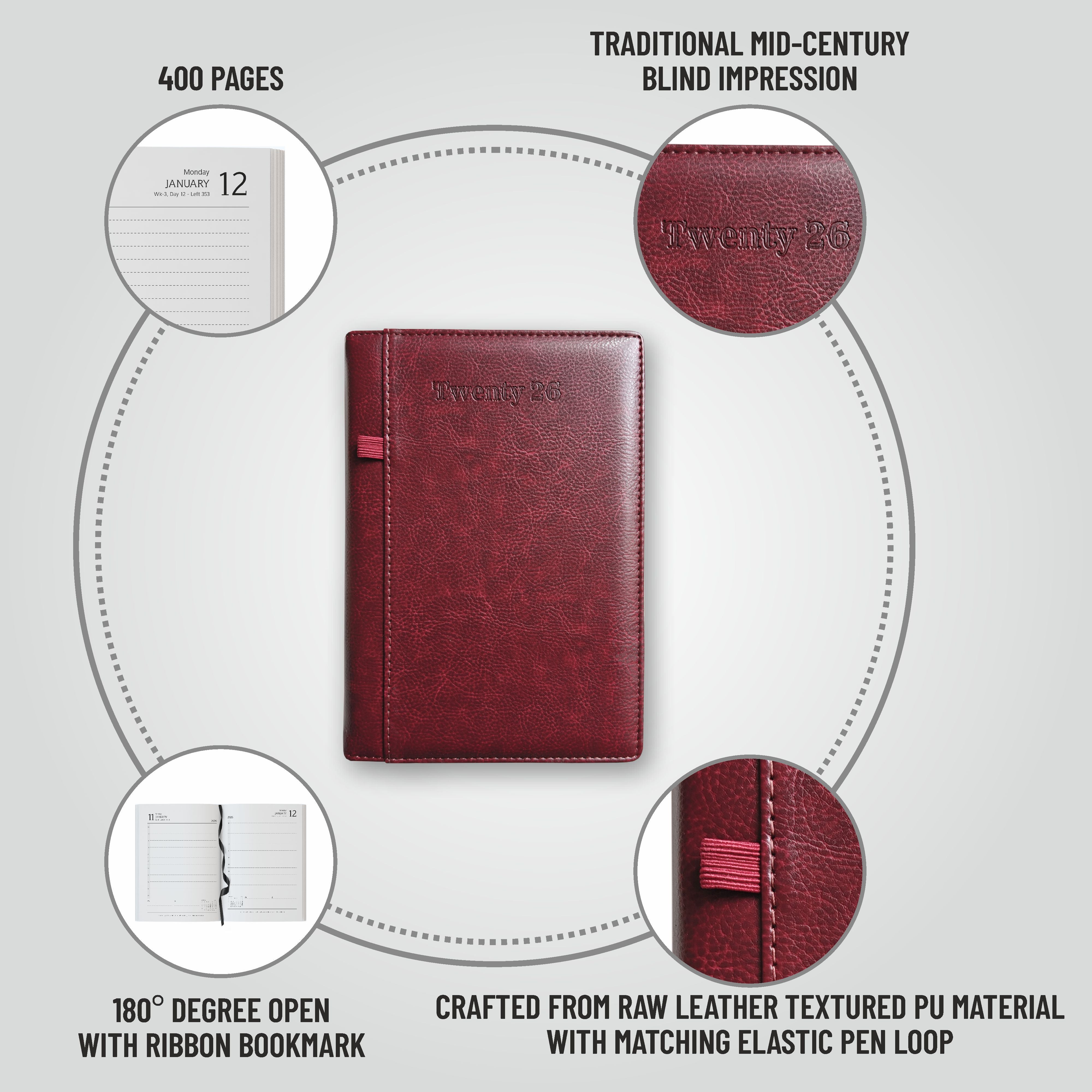 Anupam Exec 2026 Diary Dated Daily Planner – Full Page Per Day, 80 GSM Paper, Monthly Calendar, PU Leather Cover, Pen Holder, 365 Days Office Diary