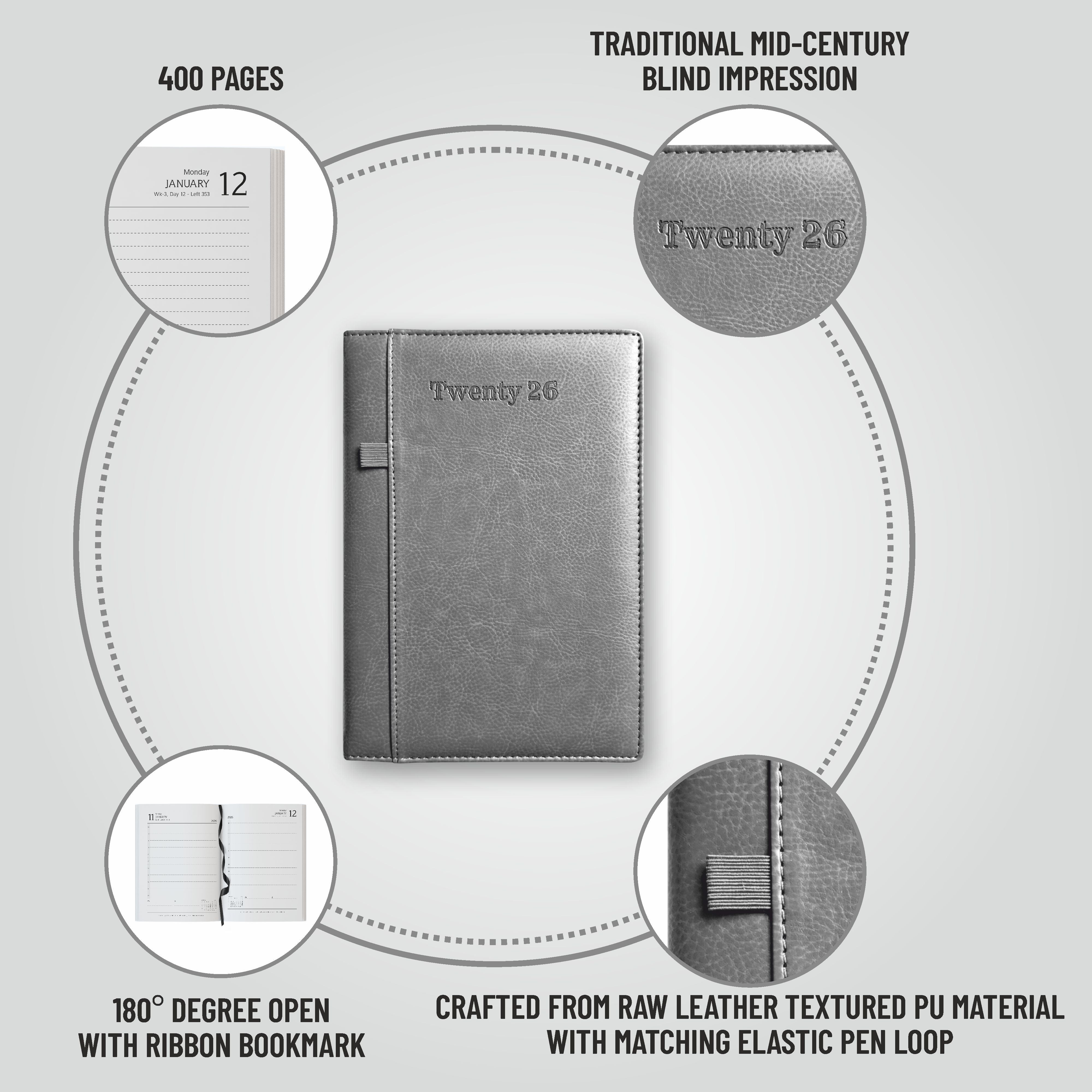 Anupam Exec 2026 Diary Dated Daily Planner – Full Page Per Day, 80 GSM Paper, Monthly Calendar, PU Leather Cover, Pen Holder, 365 Days Office Diary