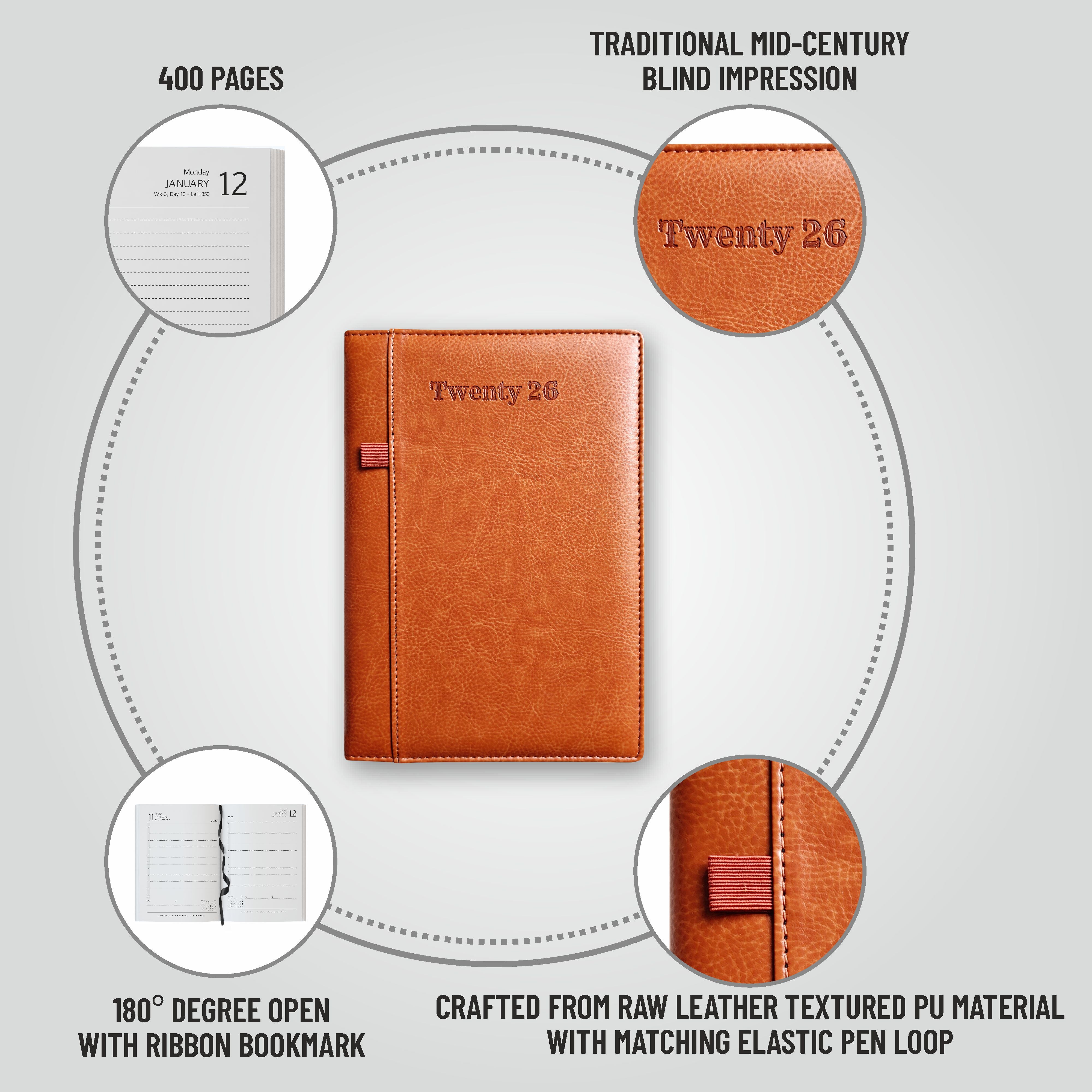 Anupam Exec 2026 Diary Dated Daily Planner – Full Page Per Day, 80 GSM Paper, Monthly Calendar, PU Leather Cover, Pen Holder, 365 Days Office Diary