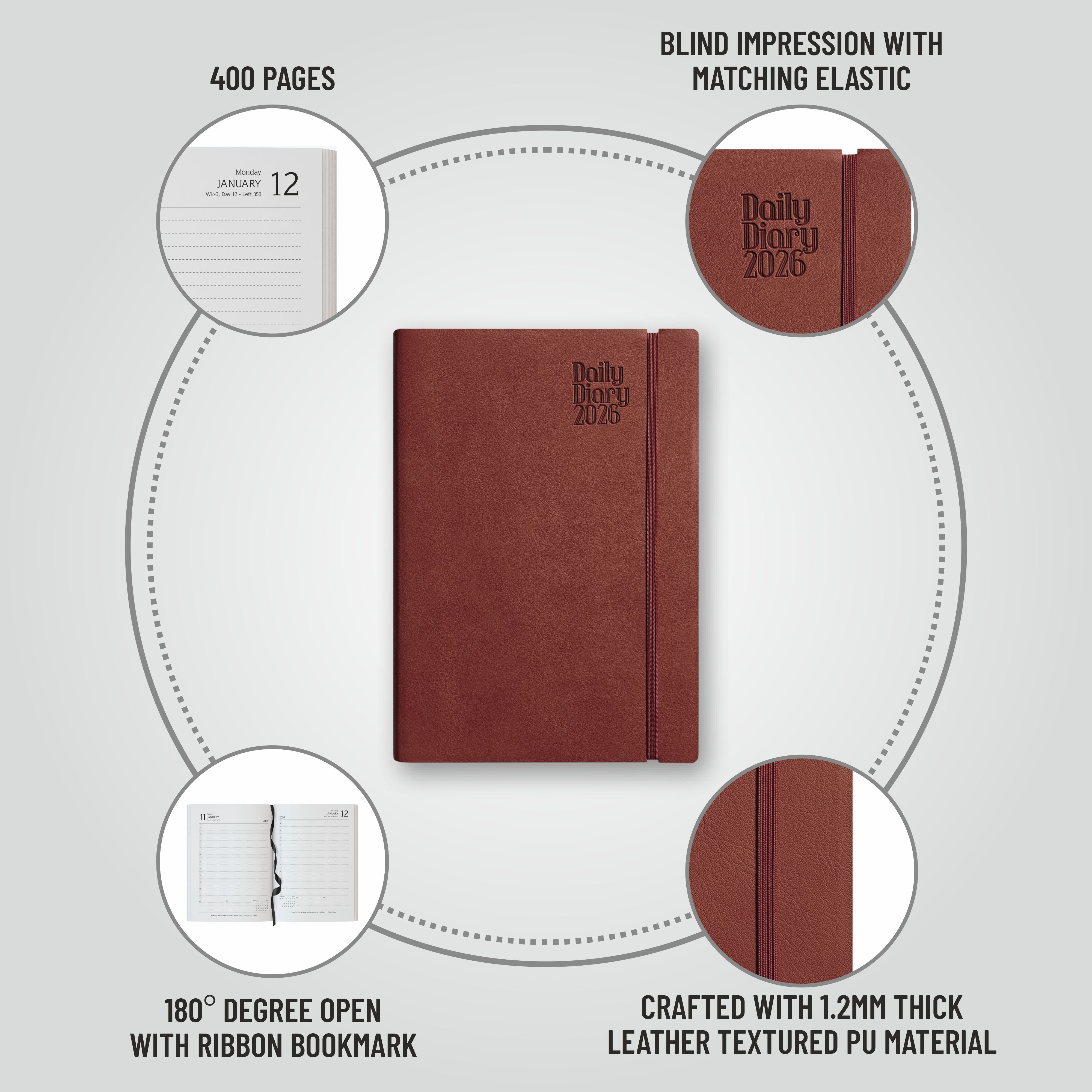 Anupam Flxy 2026 Diary with Dates - 80 GSM Paper 2026 Daily Planner Full Page Per Day with Monthly Calendar, 365 Days New Year Diary, Flexible Leather PU Cover, Matching Elastic Closure