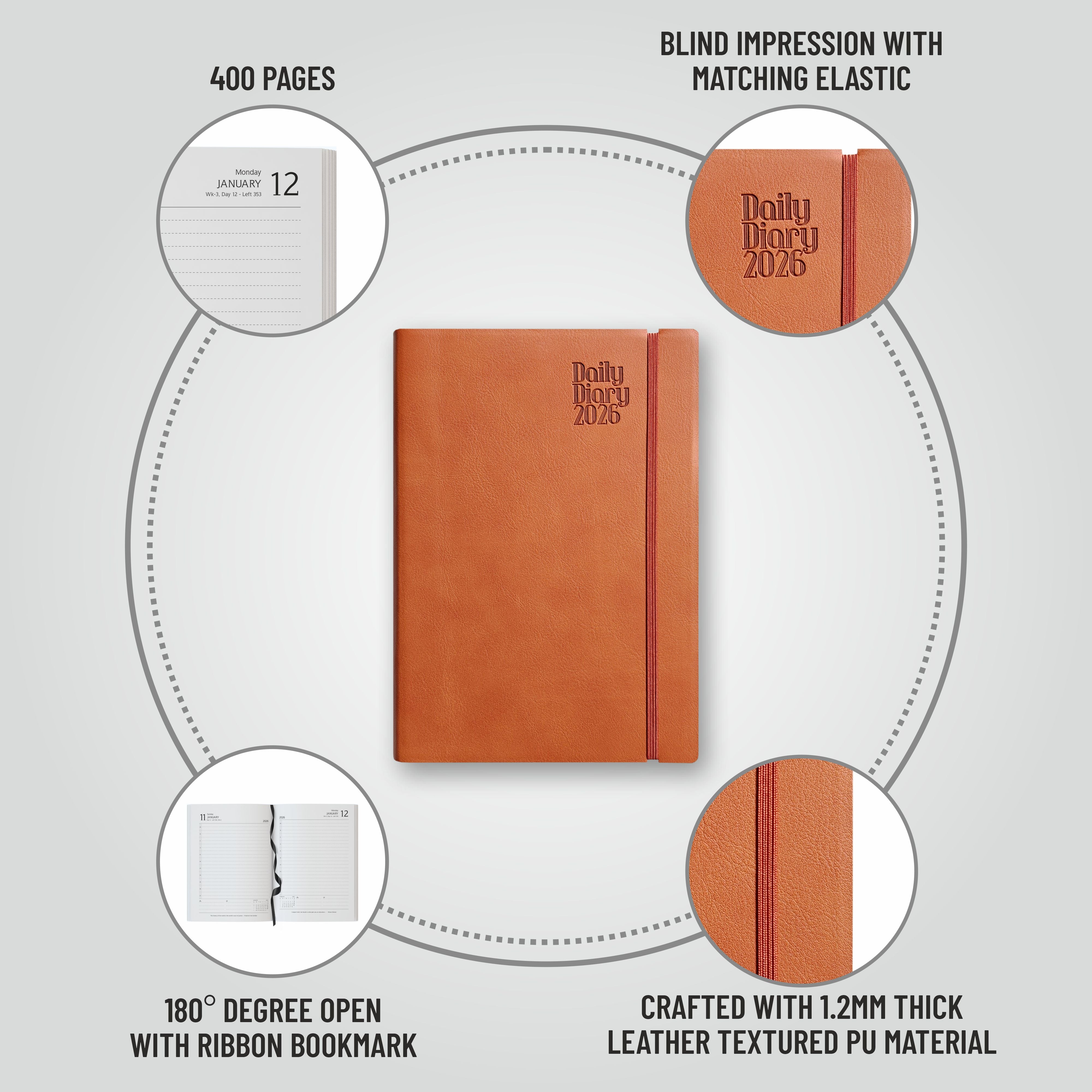 Anupam Flxy 2026 Diary with Dates - 80 GSM Paper 2026 Daily Planner Full Page Per Day with Monthly Calendar, 365 Days New Year Diary, Flexible Leather PU Cover, Matching Elastic Closure