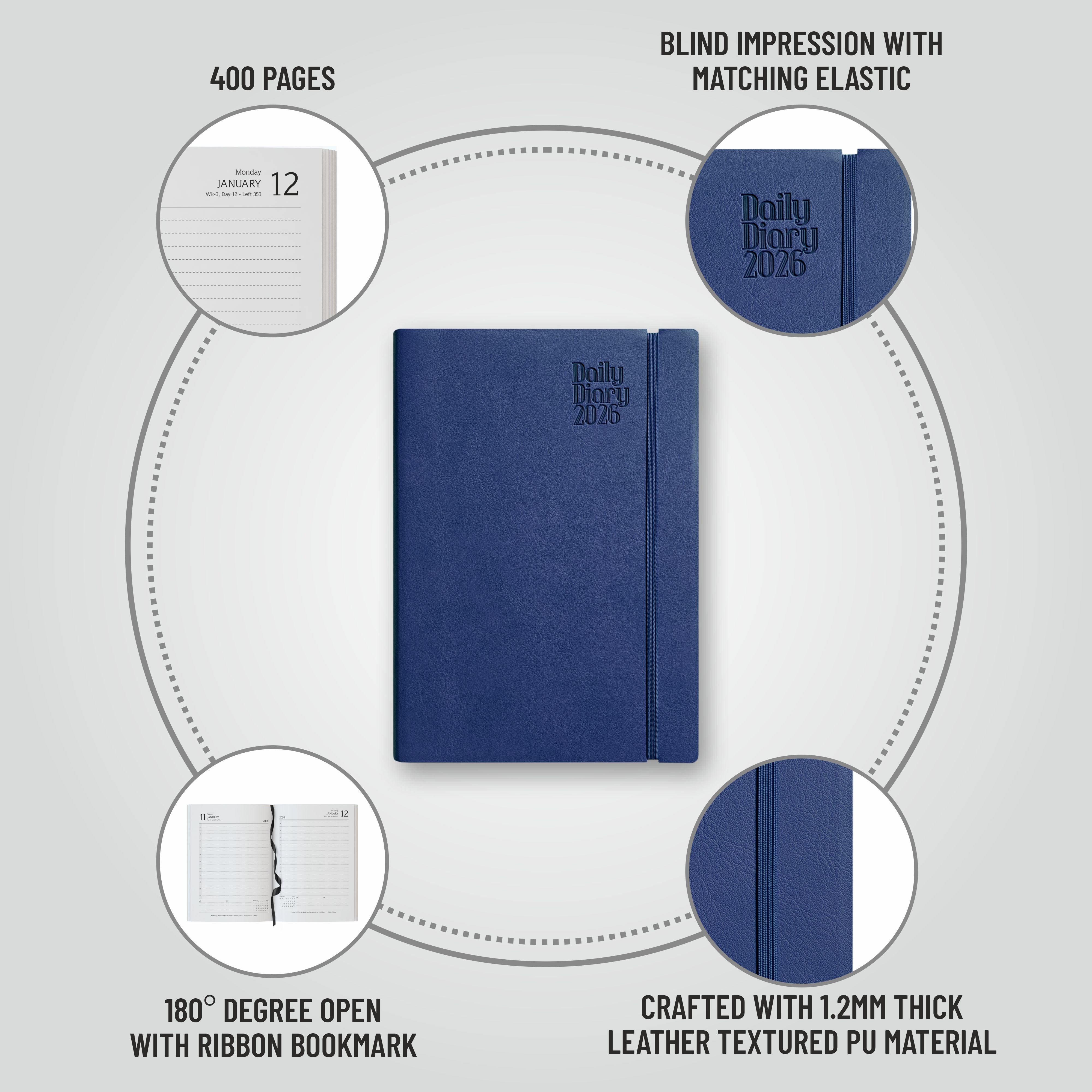 Anupam Flxy 2026 Diary with Dates - 80 GSM Paper 2026 Daily Planner Full Page Per Day with Monthly Calendar, 365 Days New Year Diary, Flexible Leather PU Cover, Matching Elastic Closure