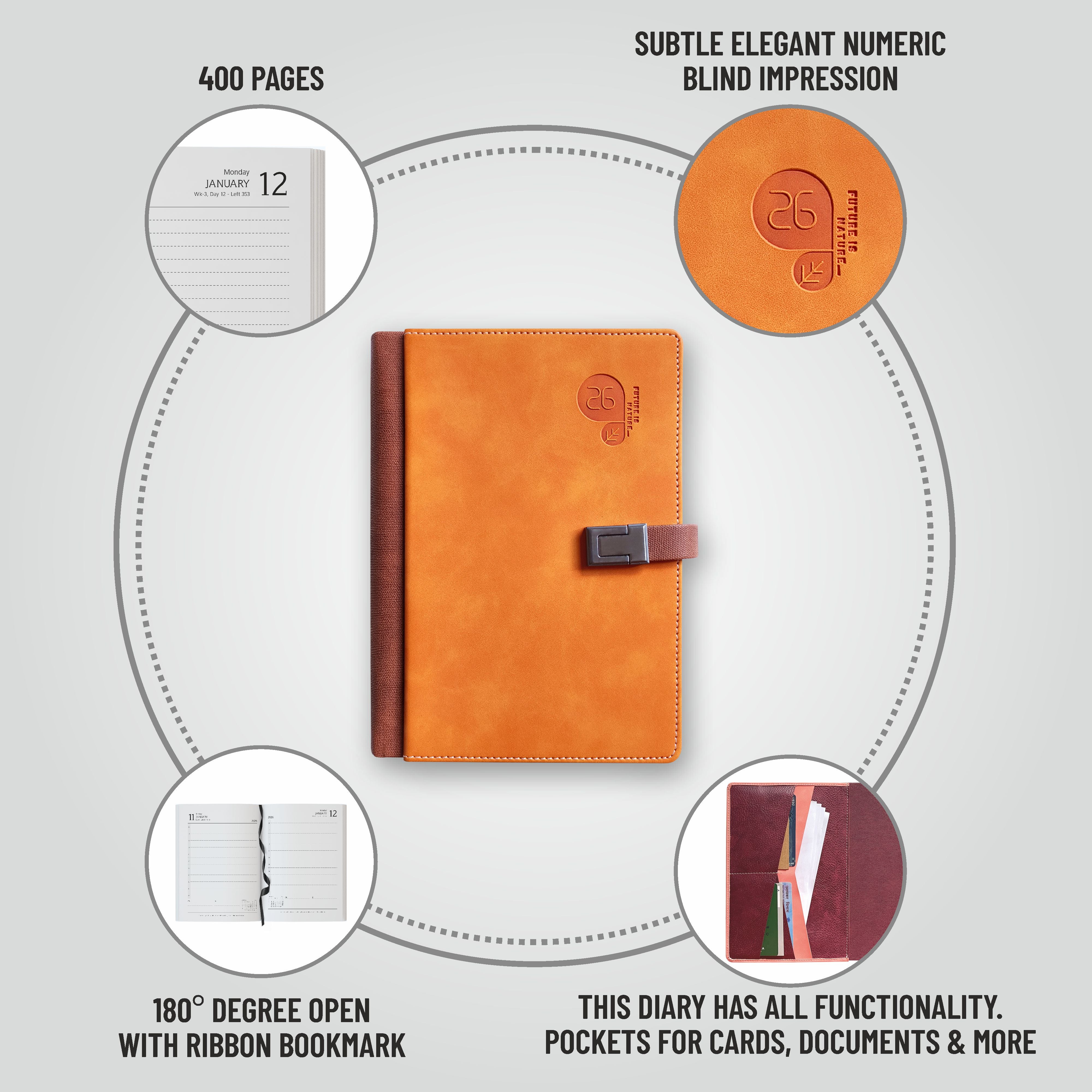 Anupam Fly 2026 New Year Diary with Dates – A5 Daily Planner with Monthly Calendar, 400 Pages, Canvas Textured PU Cover, Magnetic Closure & Pen Holder