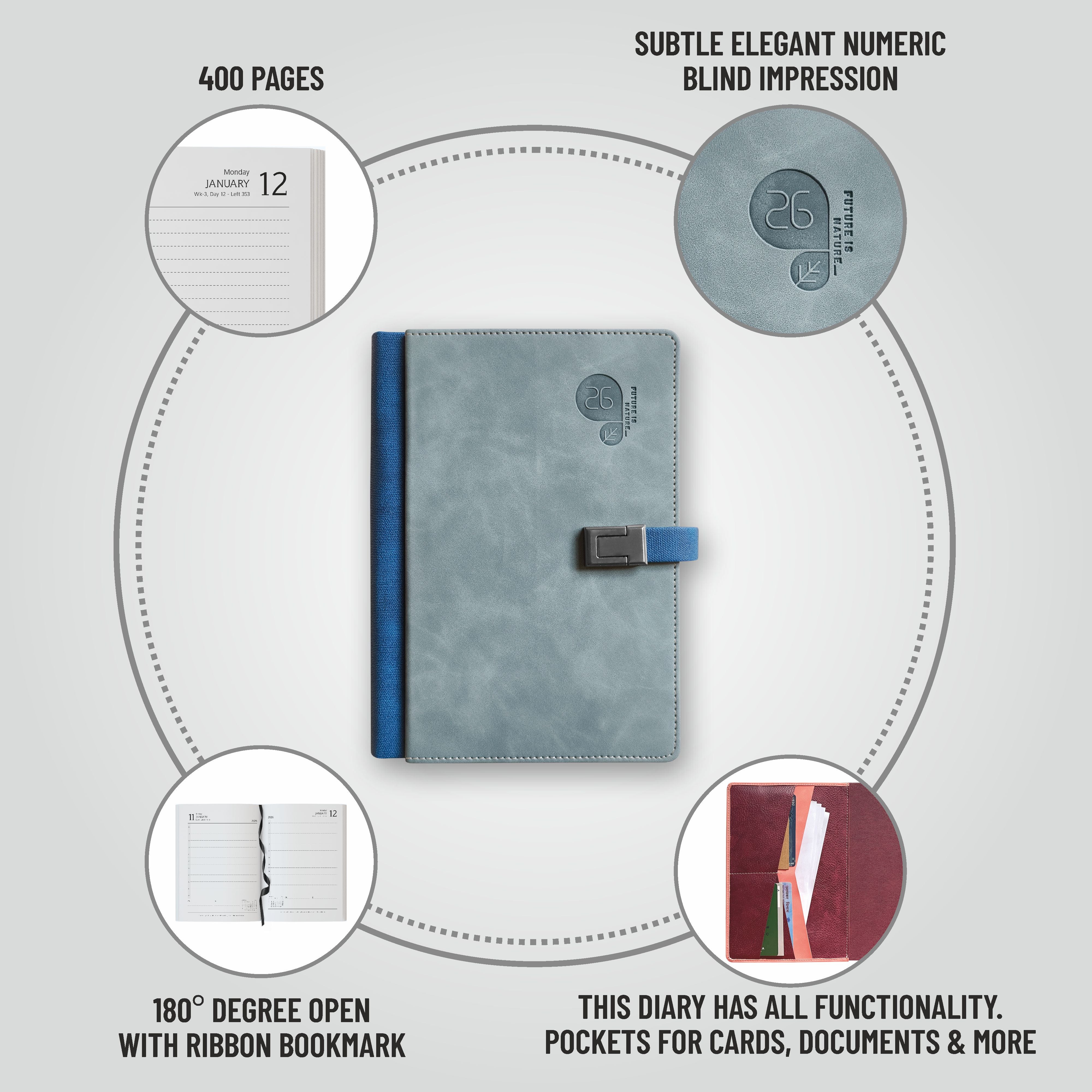 Anupam Fly 2026 New Year Diary with Dates – A5 Daily Planner with Monthly Calendar, 400 Pages, Canvas Textured PU Cover, Magnetic Closure & Pen Holder