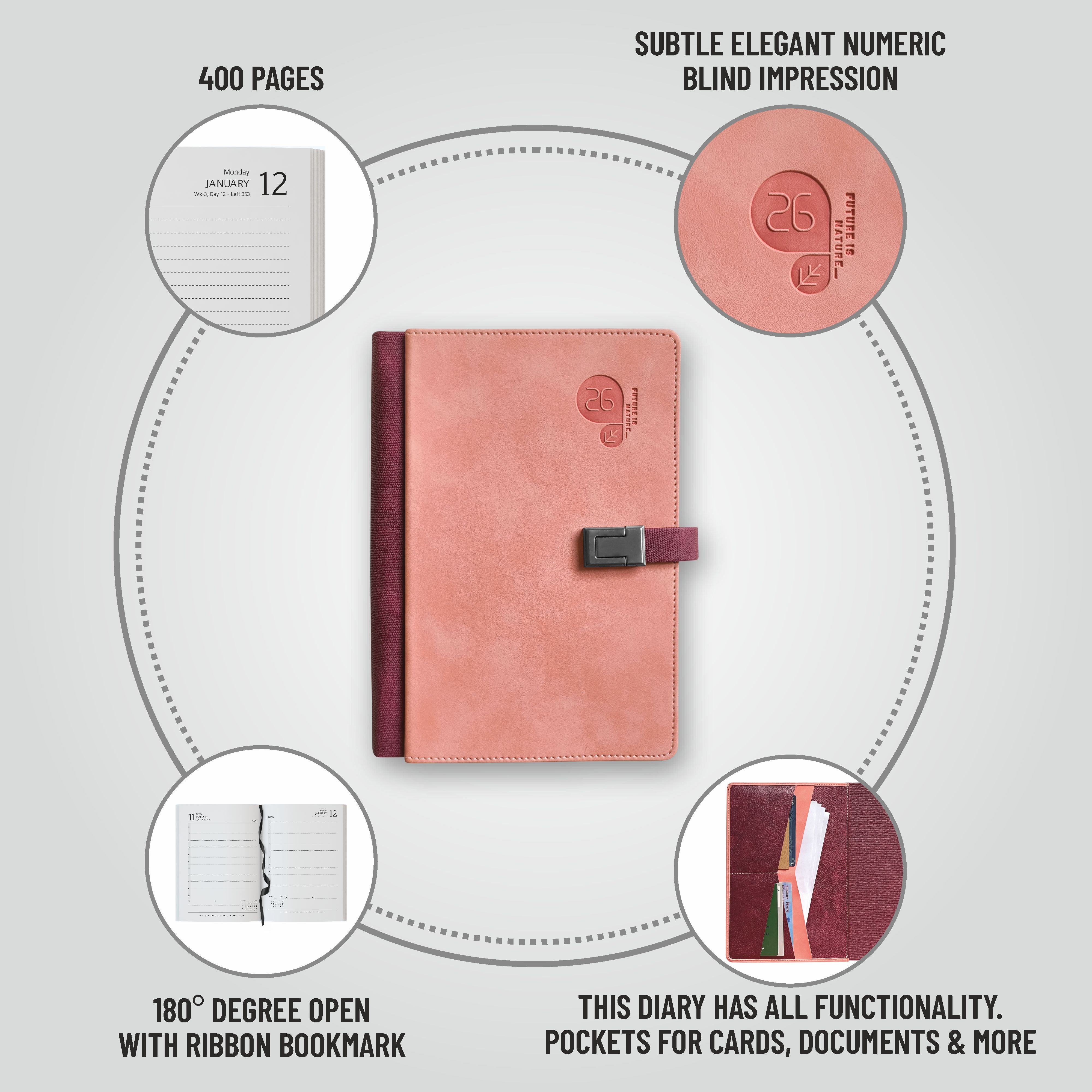 Anupam Fly 2026 New Year Diary with Dates – A5 Daily Planner with Monthly Calendar, 400 Pages, Canvas Textured PU Cover, Magnetic Closure & Pen Holder