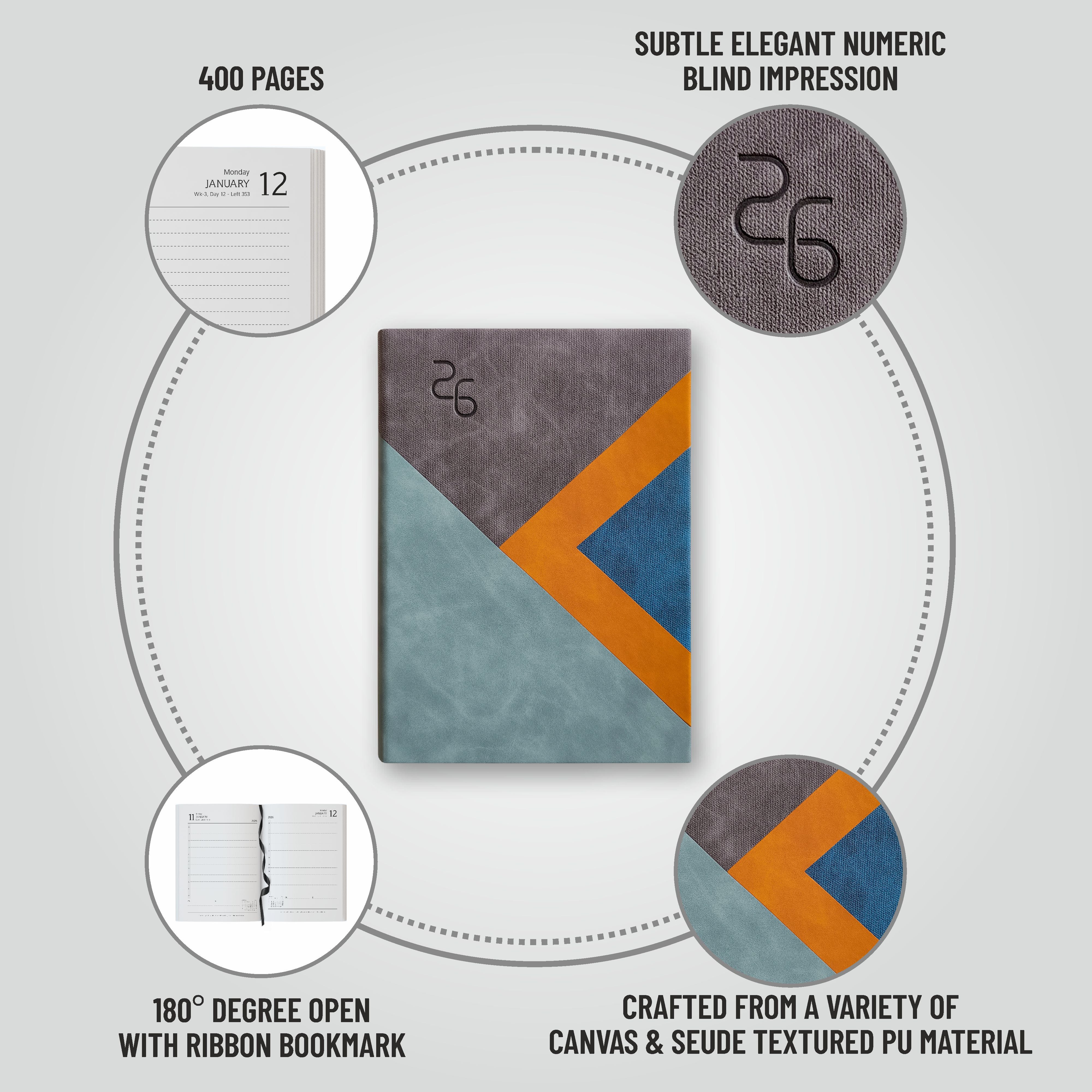 Anupam Fuzen 2026 Diary with Dates | Daily Planner with Monthly Calendar | One Page Per Day from January to December | Canvas Textured & Suedue PU Material | New Year Diary for Office, Home, Personal Use