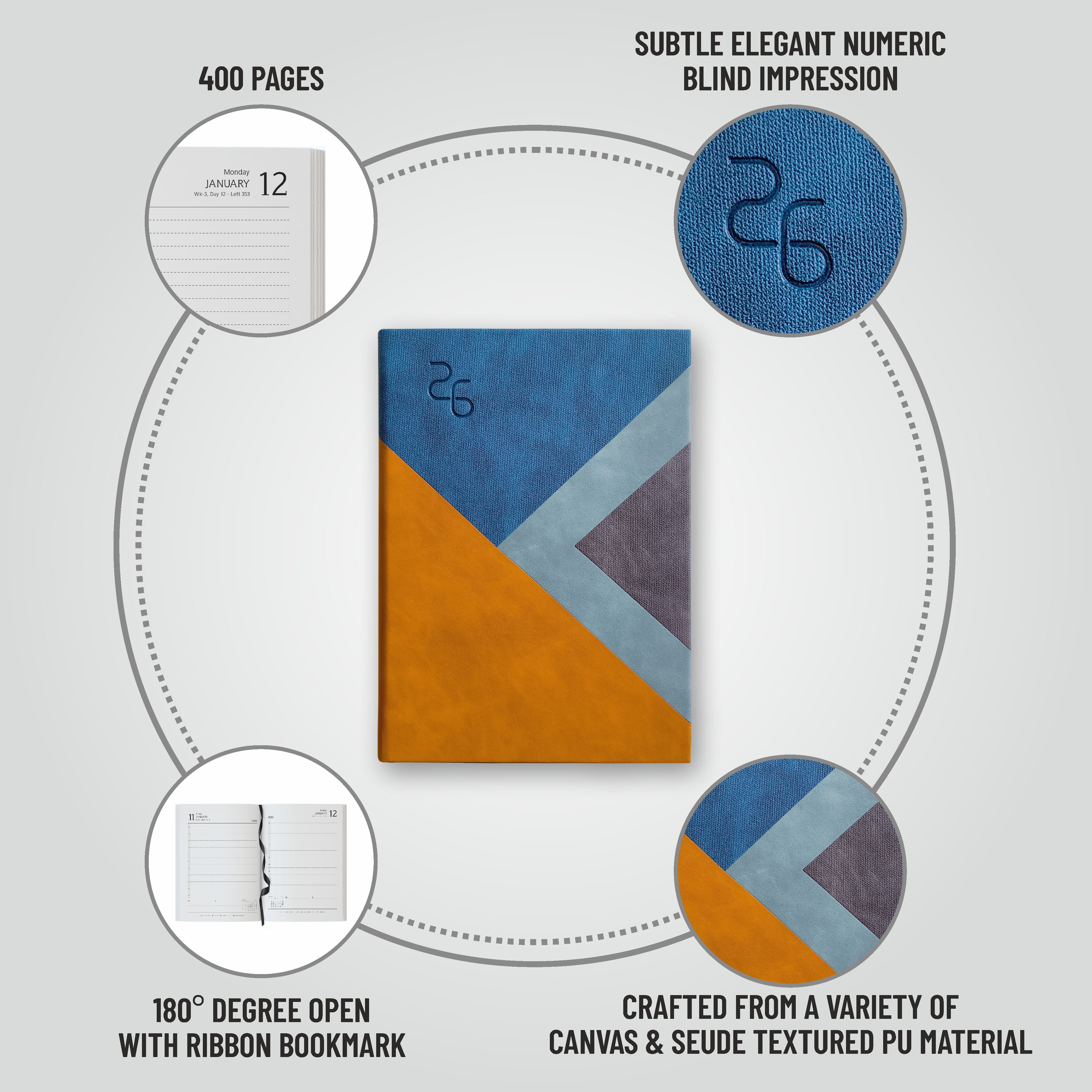 Anupam Fuzen 2026 Diary with Dates | Daily Planner with Monthly Calendar | One Page Per Day from January to December | Canvas Textured & Suedue PU Material | New Year Diary for Office, Home, Personal Use