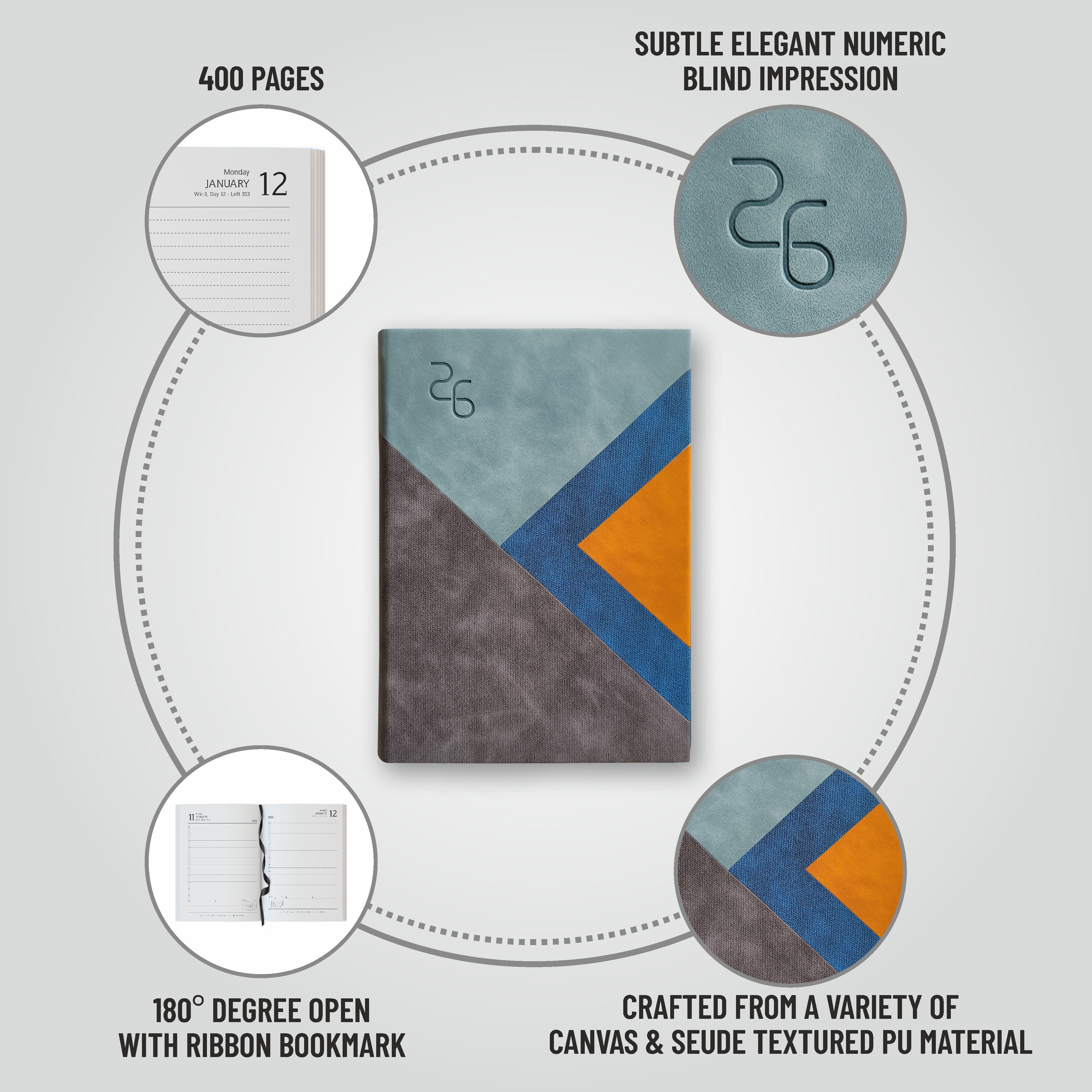 Anupam Fuzen 2026 Diary with Dates | Daily Planner with Monthly Calendar | One Page Per Day from January to December | Canvas Textured & Suedue PU Material | New Year Diary for Office, Home, Personal Use