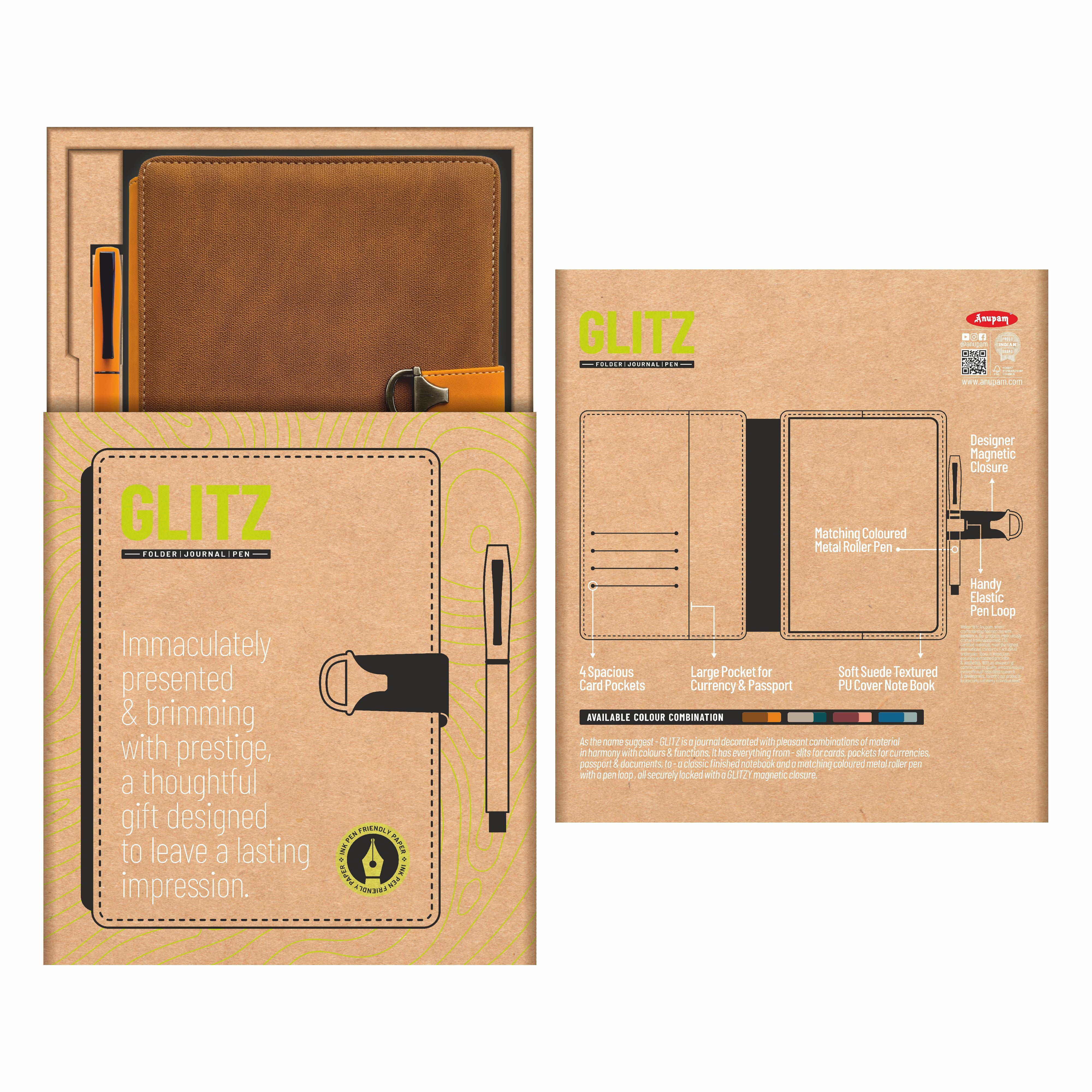 Anupam Glitz Journal Notebook 100 Gsm PU Leather Notebook| A5 Planner with Magnetic Closure, Water & Bill Tracker, Monthly & Yearly Planner, 180° Flat Design, Card Pockets, Passport Holder & Metal Pen – 120 Pages