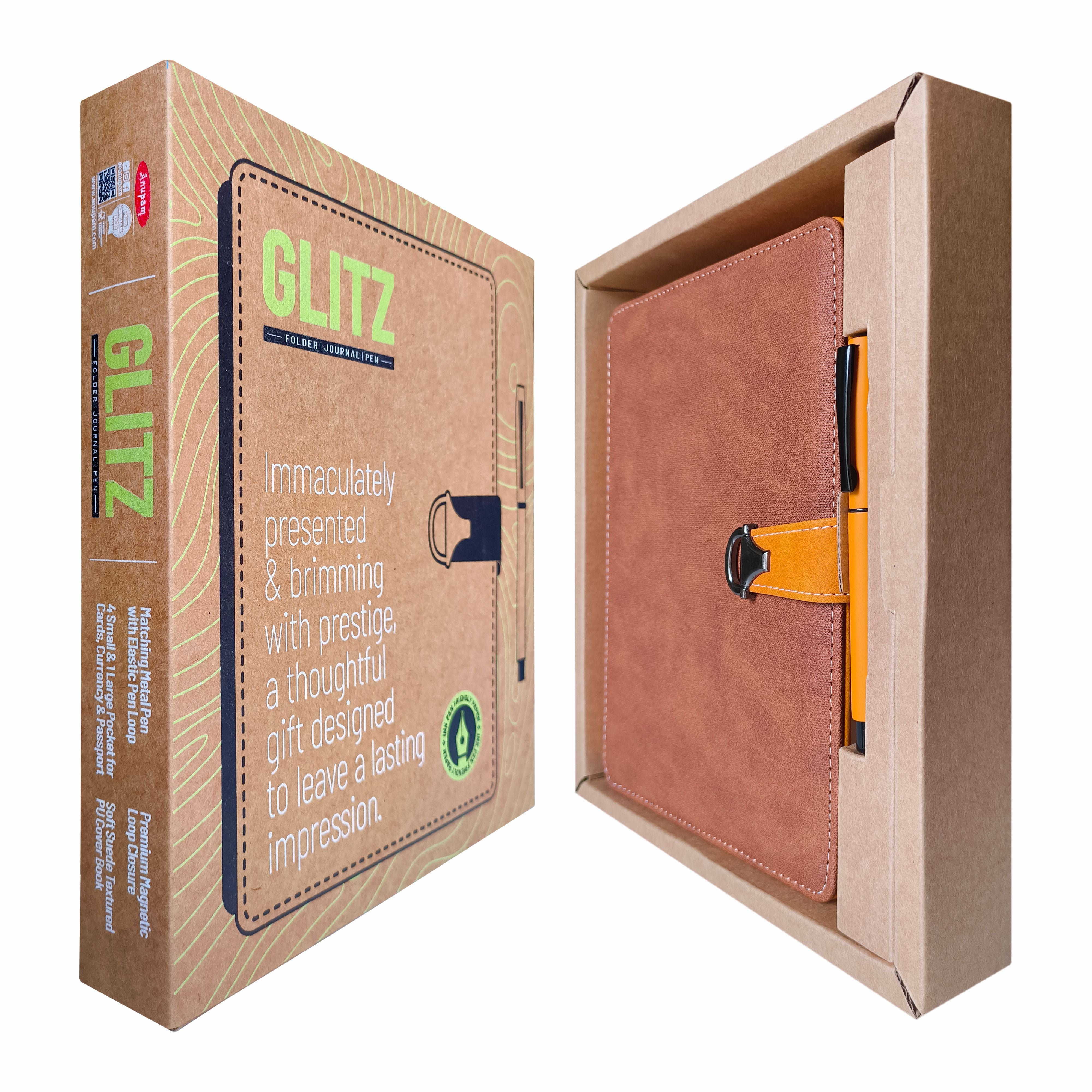 Anupam Glitz Journal Notebook 100 Gsm PU Leather Notebook| A5 Planner with Magnetic Closure, Water & Bill Tracker, Monthly & Yearly Planner, 180° Flat Design, Card Pockets, Passport Holder & Metal Pen – 120 Pages