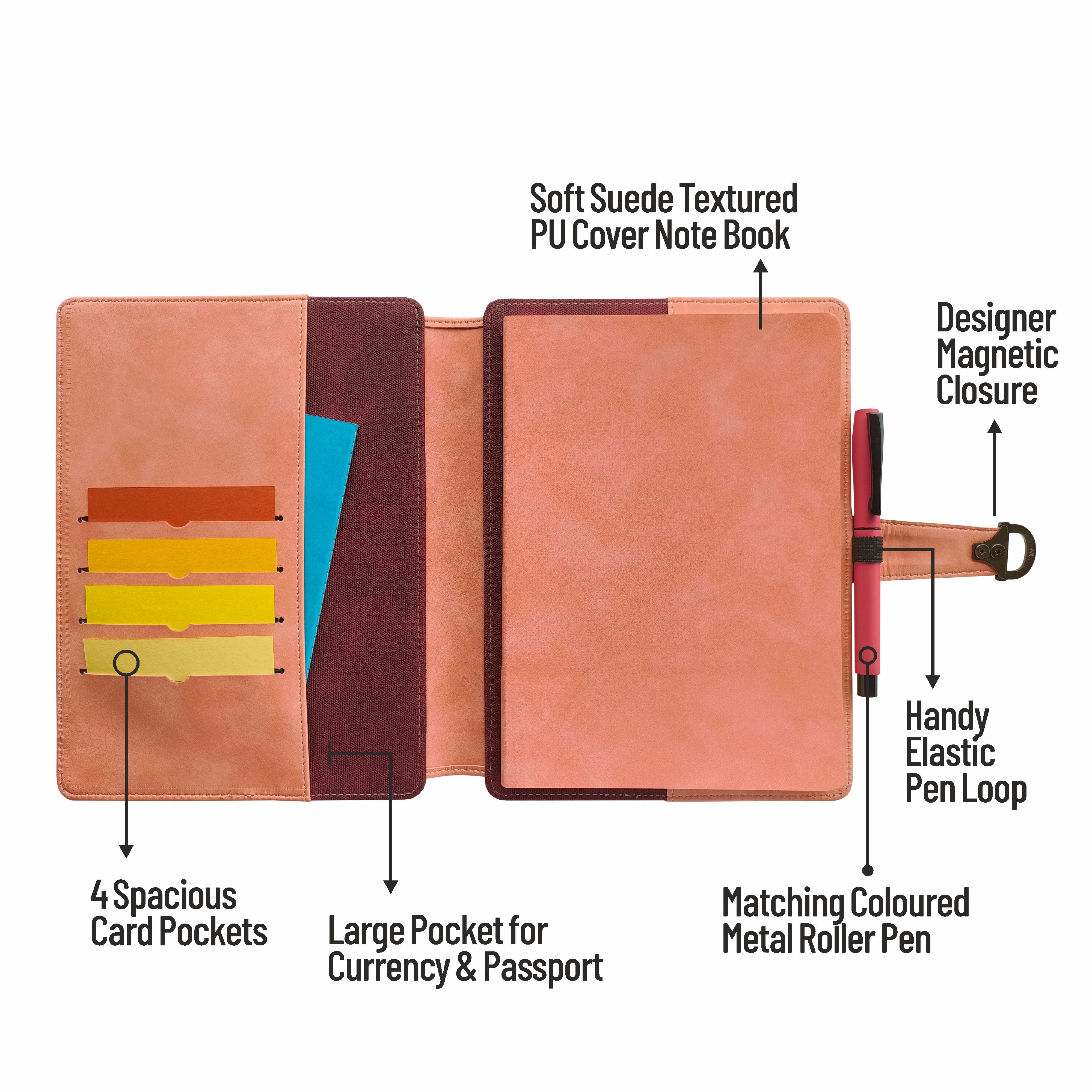 Anupam Glitz Journal Notebook 100 Gsm PU Leather Notebook| A5 Planner with Magnetic Closure, Water & Bill Tracker, Monthly & Yearly Planner, 180° Flat Design, Card Pockets, Passport Holder & Metal Pen – 120 Pages