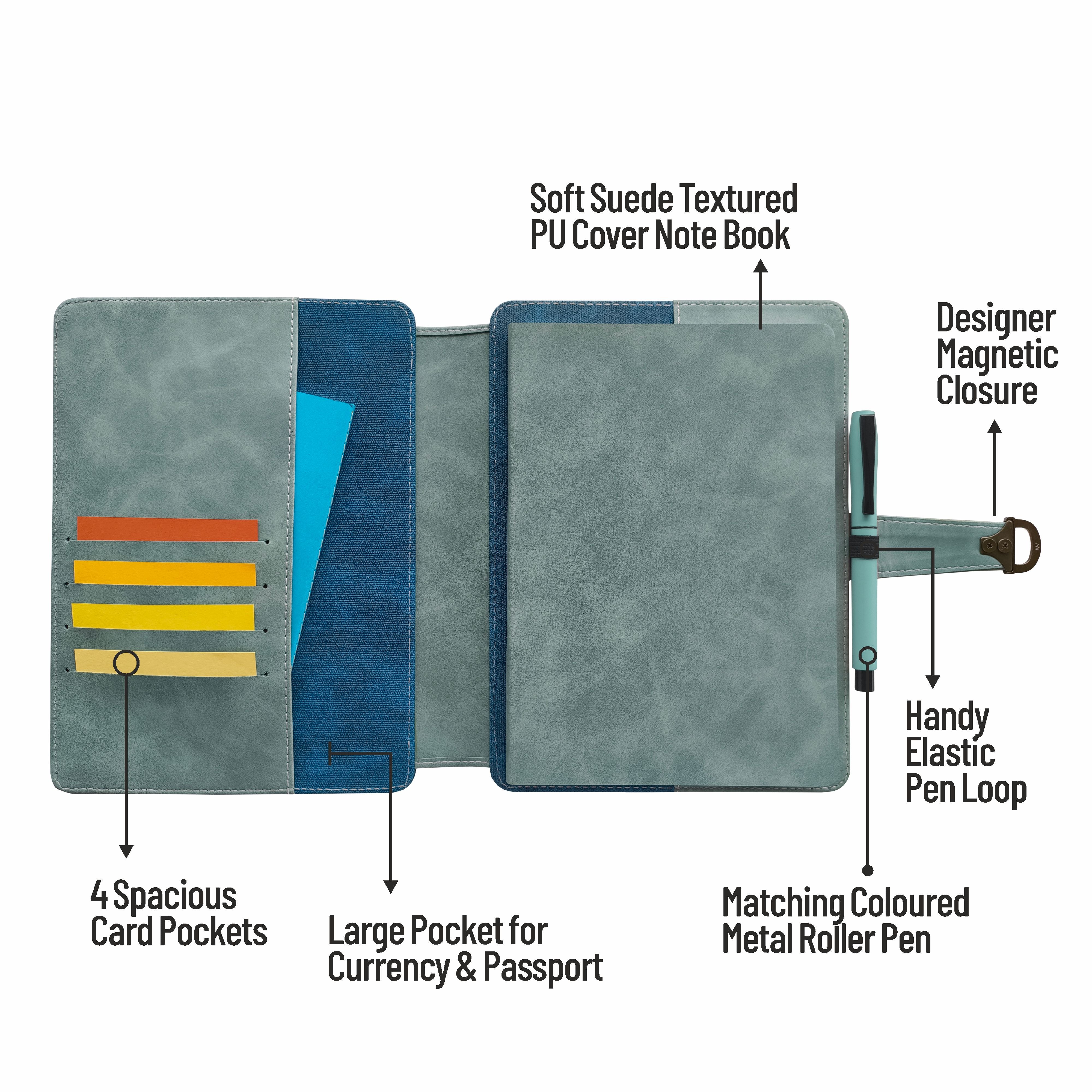 Anupam Glitz Journal Notebook 100 Gsm PU Leather Notebook| A5 Planner with Magnetic Closure, Water & Bill Tracker, Monthly & Yearly Planner, 180° Flat Design, Card Pockets, Passport Holder & Metal Pen – 120 Pages