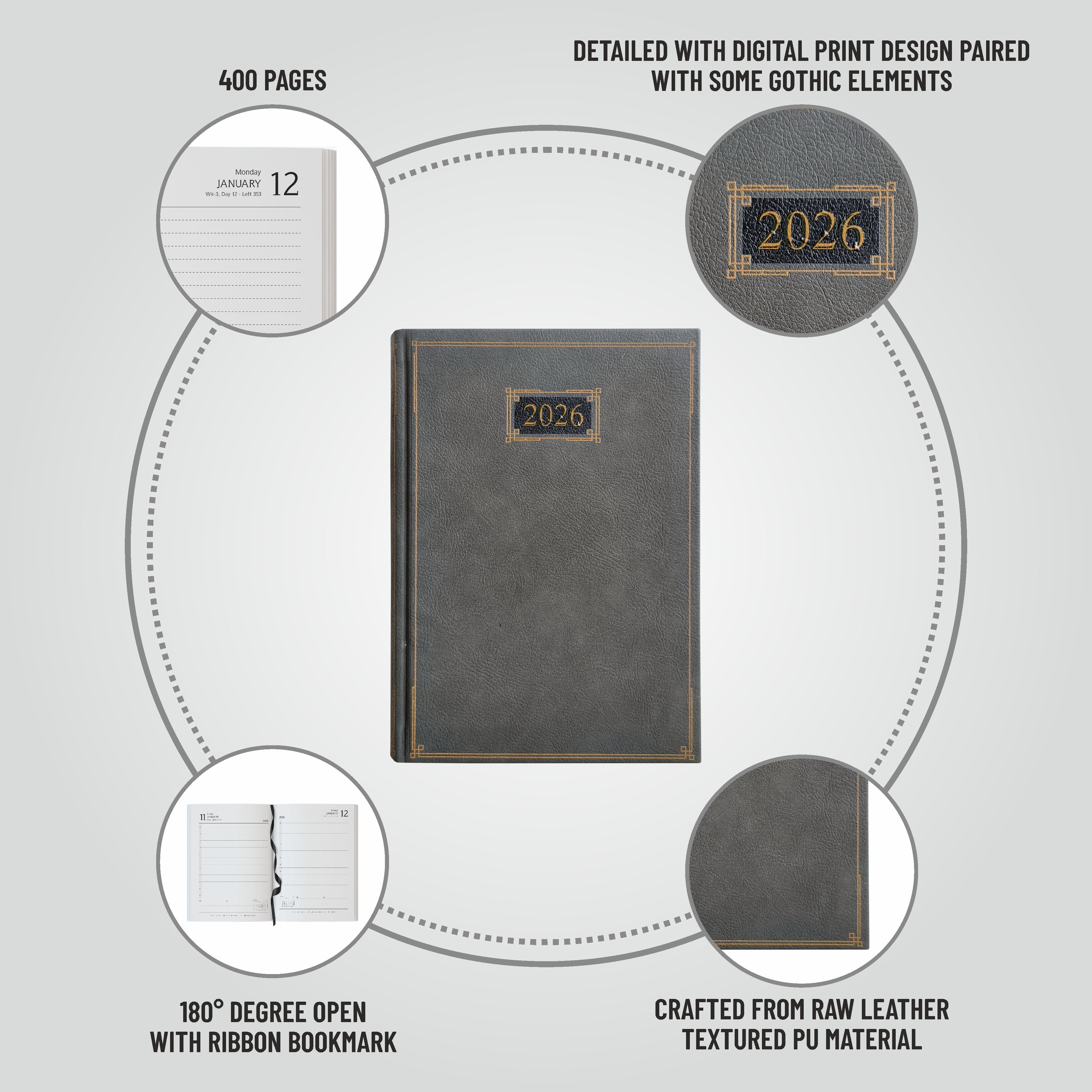 Anupam Goth 2026 Diary with Dates, Daily Planner Full Page Per Day with Monthly Calendar, January to December New Year Office Diary – 365 Days Canvas Textured PU Cover – 80 GSM