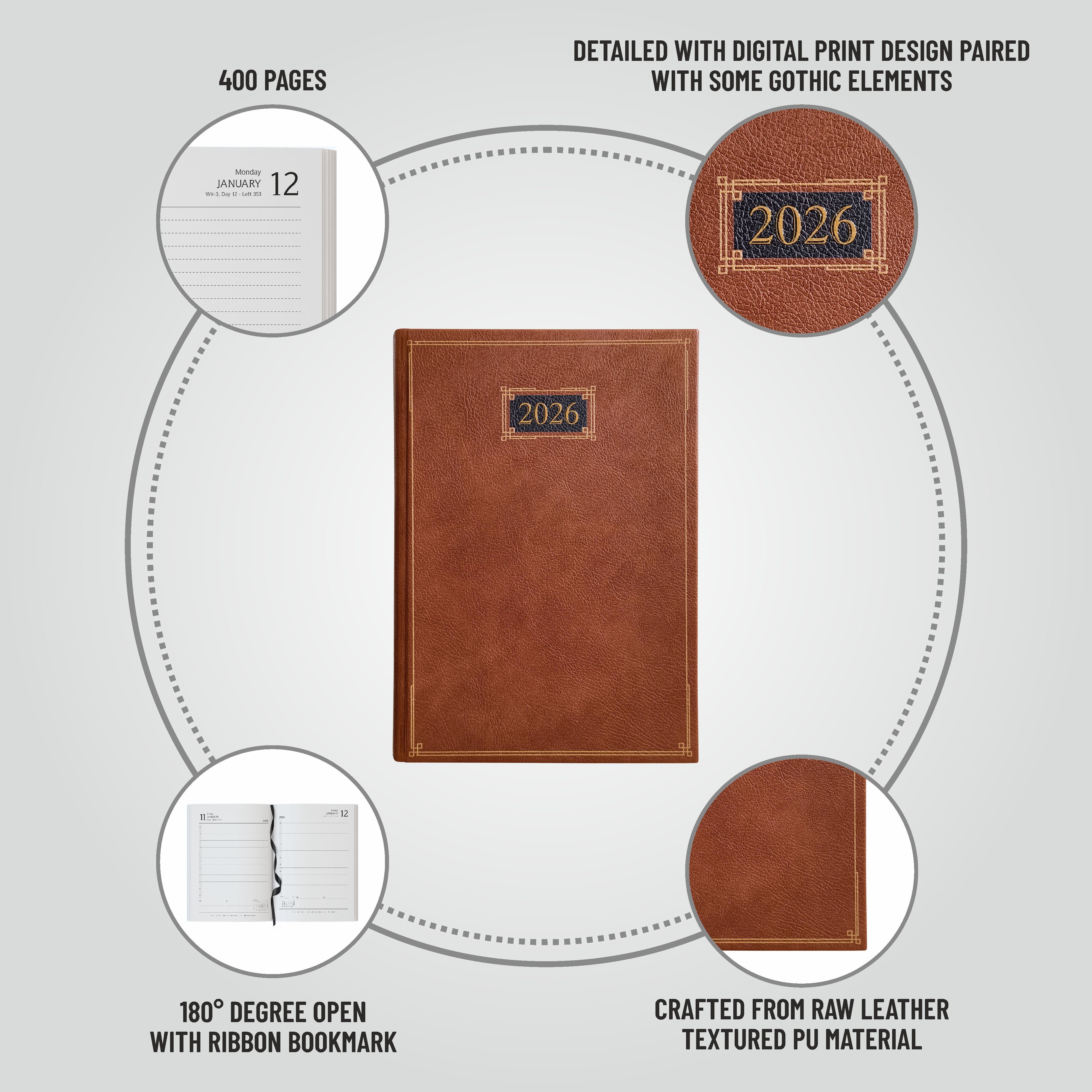 Anupam Goth 2026 Diary with Dates, Daily Planner Full Page Per Day with Monthly Calendar, January to December New Year Office Diary – 365 Days Canvas Textured PU Cover – 80 GSM