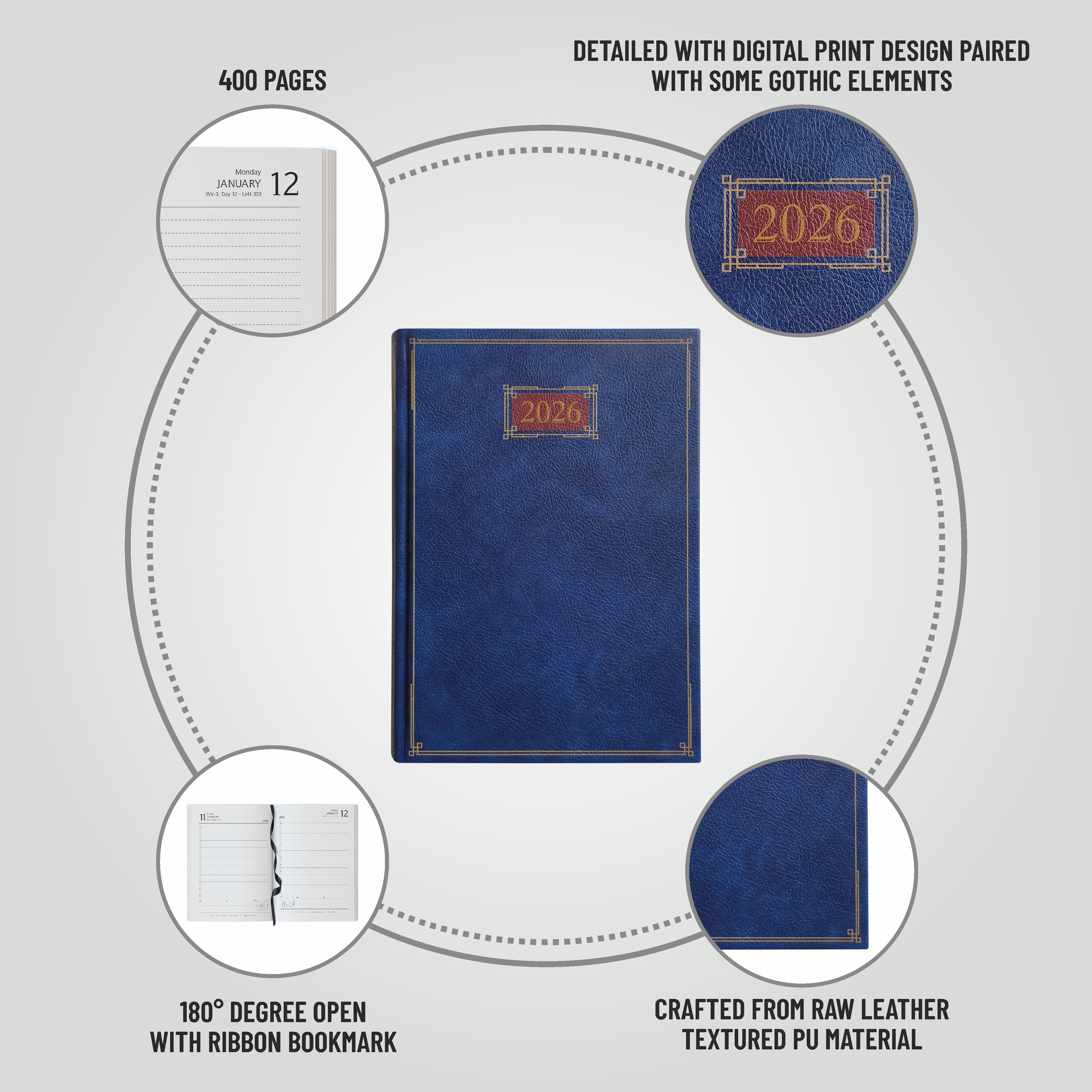 Anupam Goth 2026 Diary with Dates, Daily Planner Full Page Per Day with Monthly Calendar, January to December New Year Office Diary – 365 Days Canvas Textured PU Cover – 80 GSM