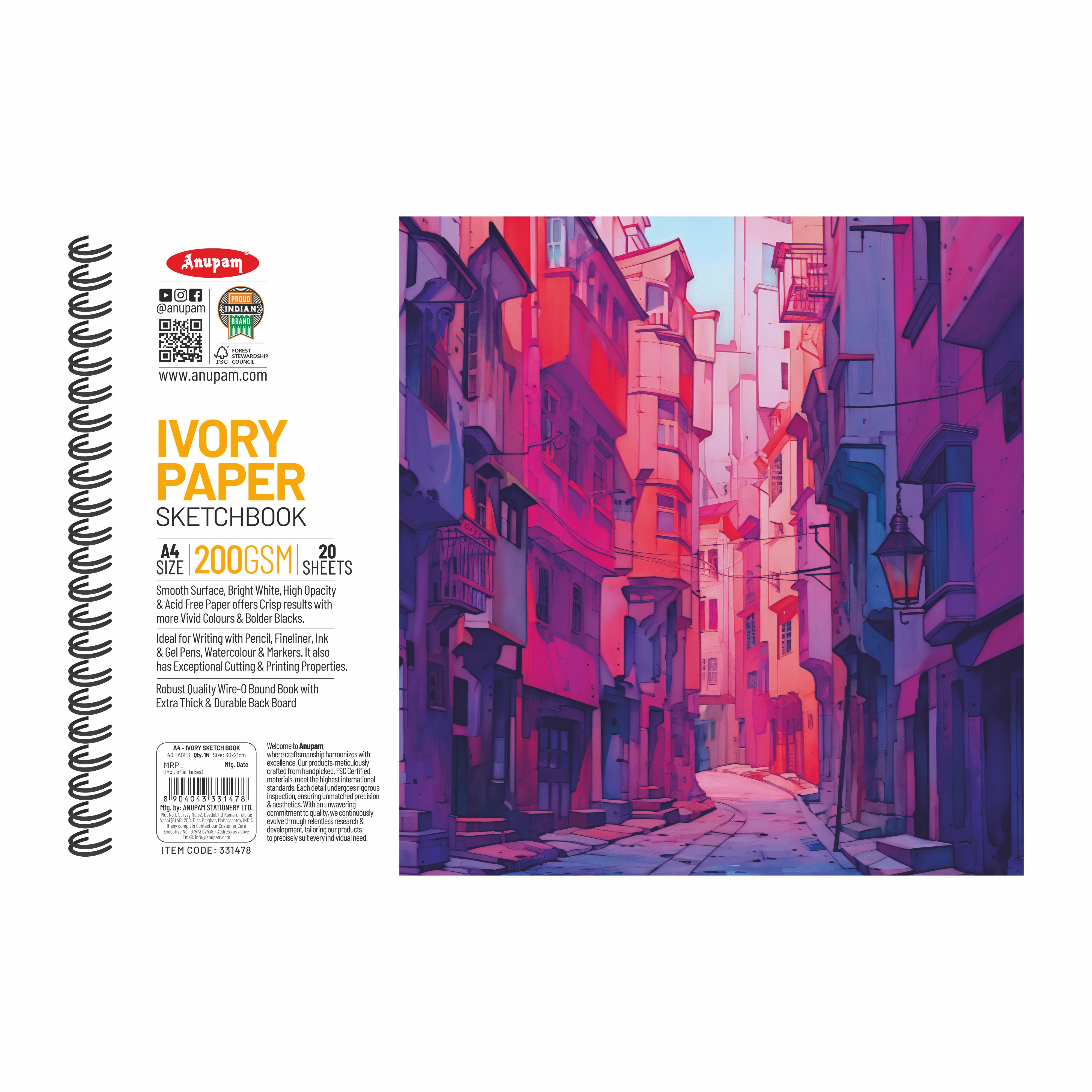 Anupam Wiro Bound Ivory Paper Sketchbook - 200 GSM - 20 Sheets