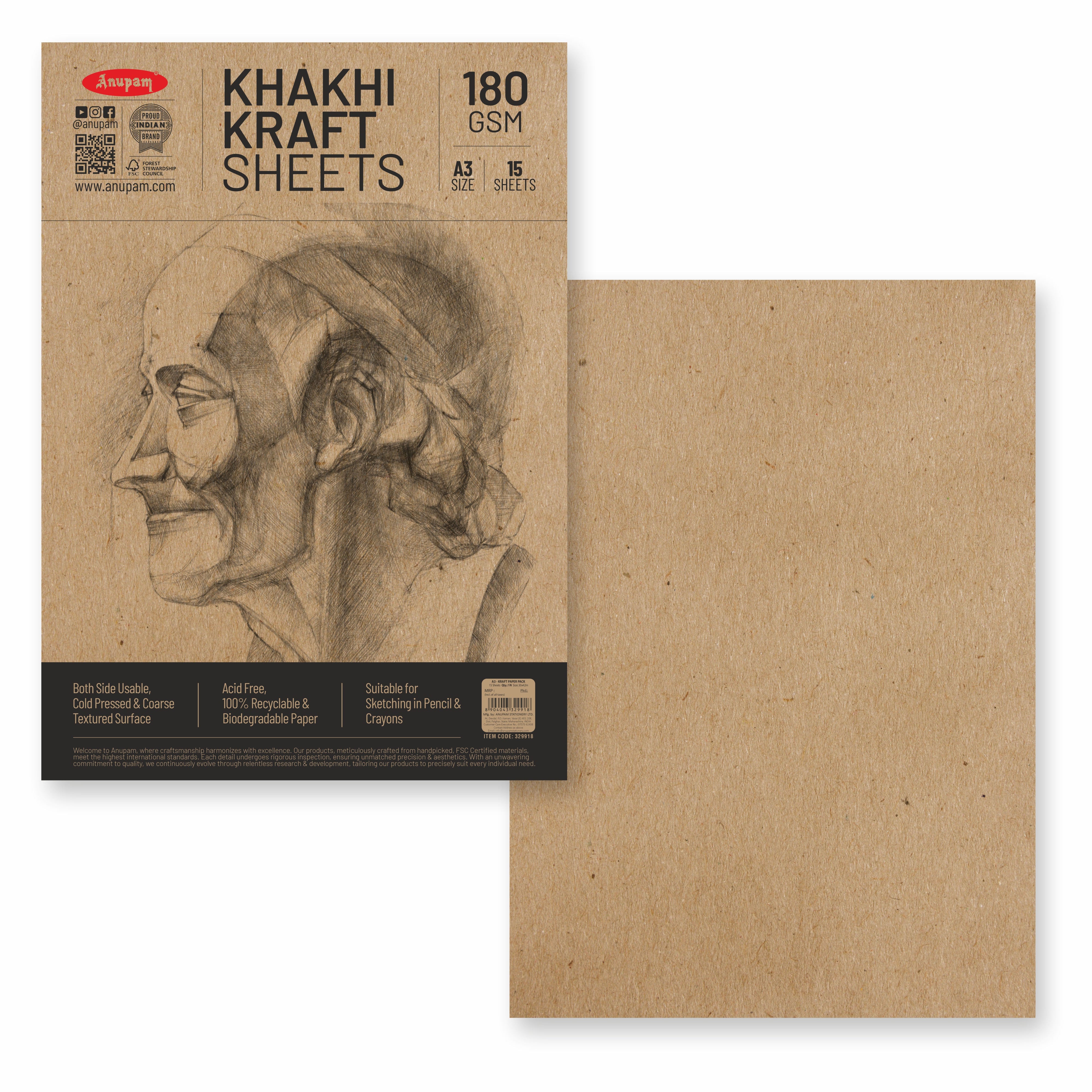 Anupam Kraft Paper Brown Colour-100% Recyclable Acid Free - Plain Paper-Loose Sheets-180 GSM