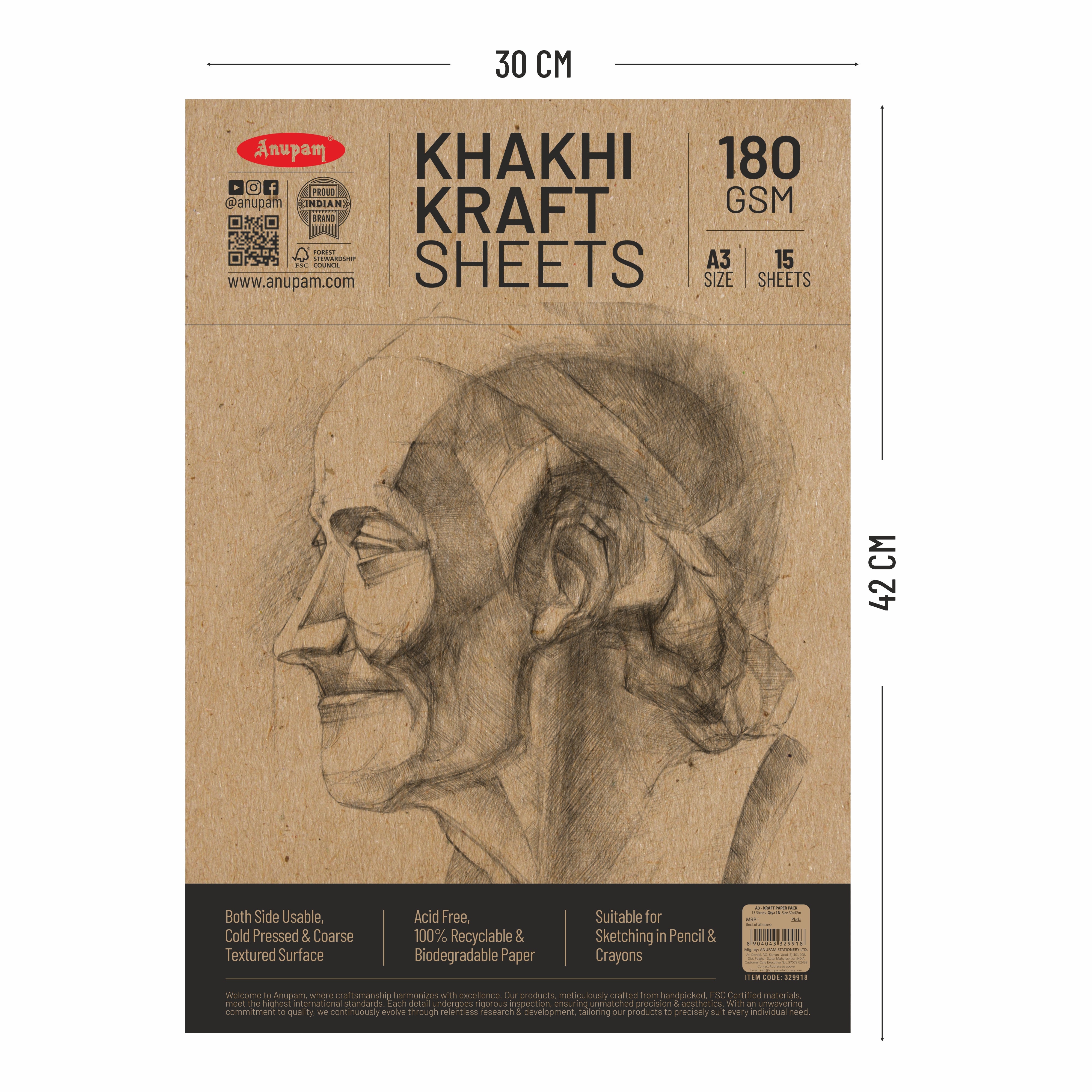 Anupam Kraft Paper Brown Colour-100% Recyclable Acid Free - Plain Paper-Loose Sheets-180 GSM