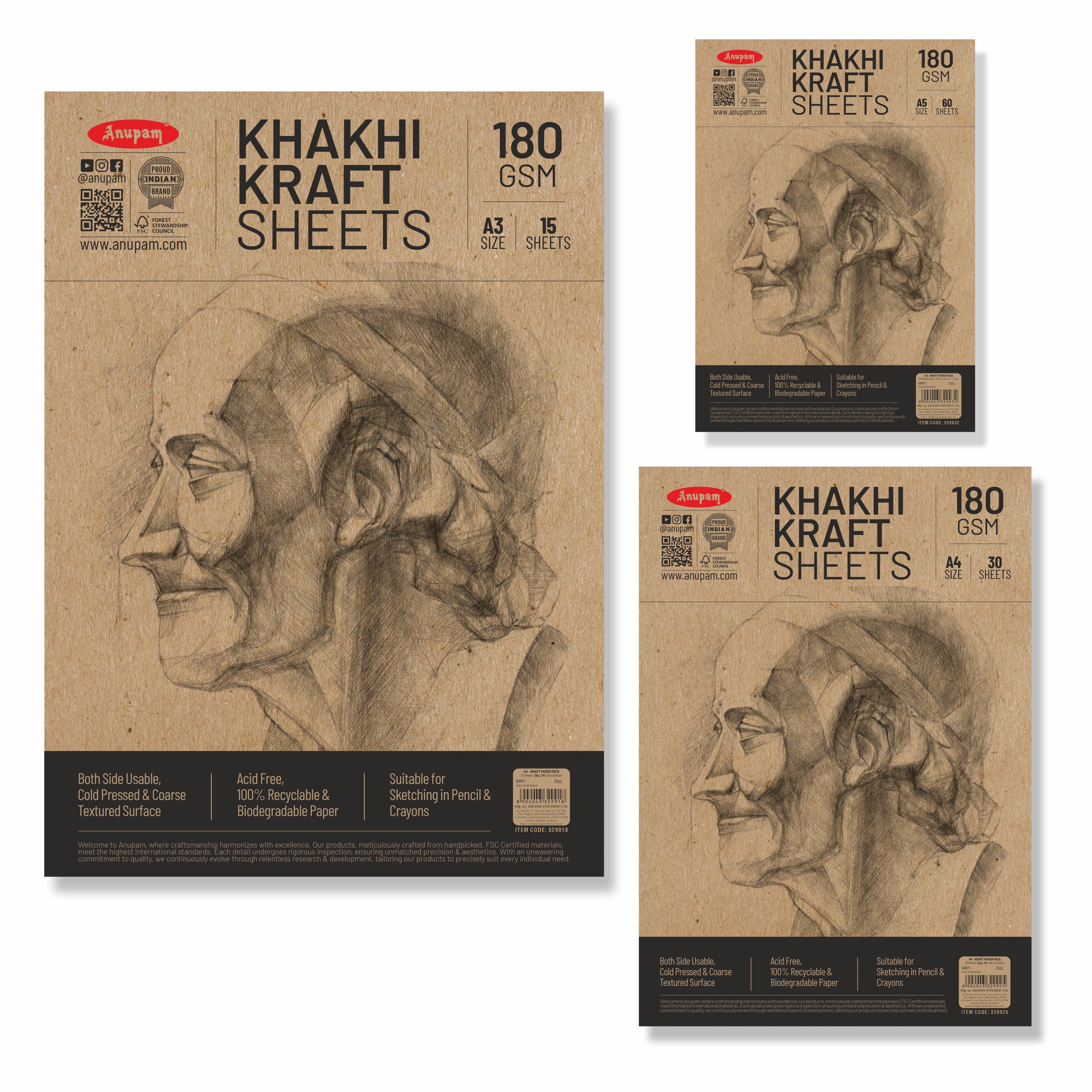Anupam Kraft Paper Brown Colour-100% Recyclable Acid Free - Plain Paper-Loose Sheets-180 GSM