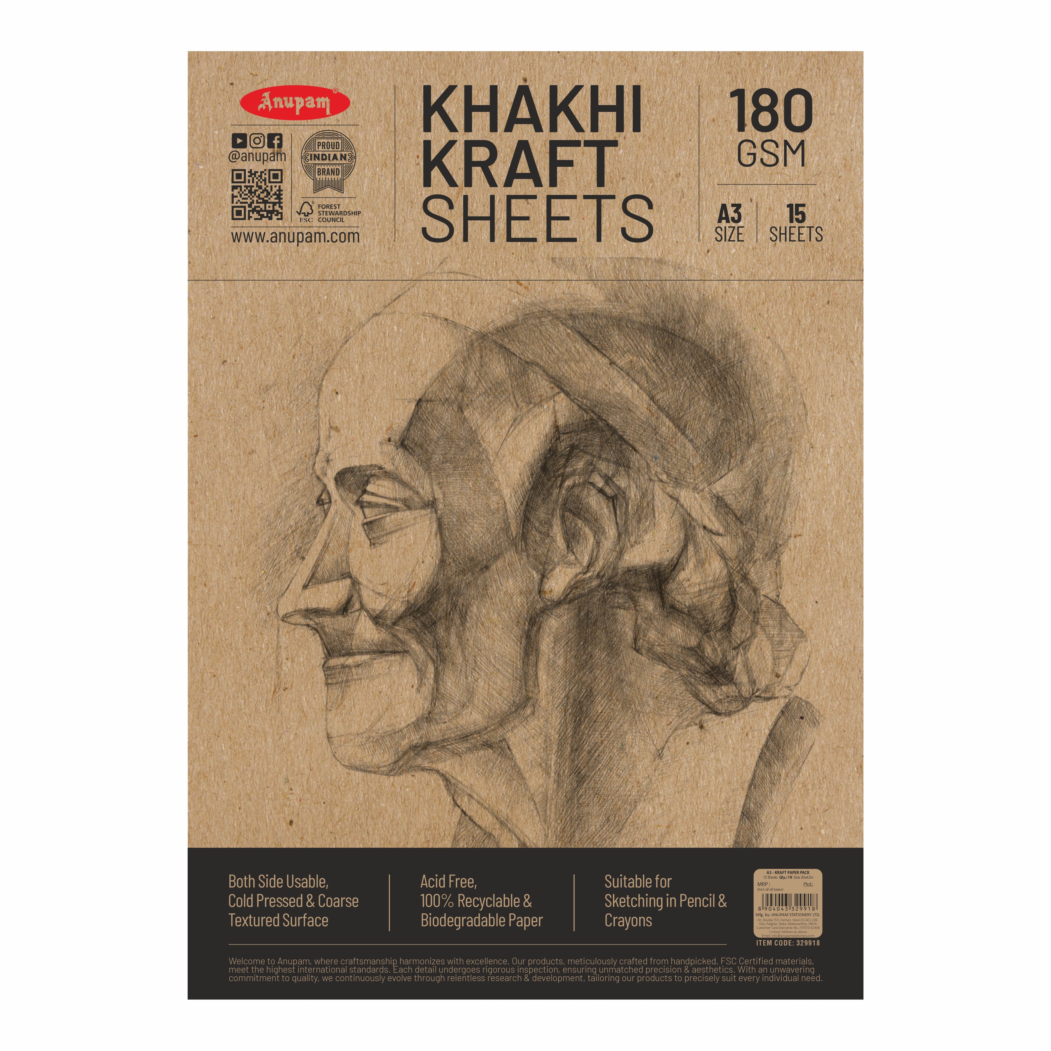 Anupam Kraft Paper Brown Colour-100% Recyclable Acid Free - Plain Paper-Loose Sheets-180 GSM