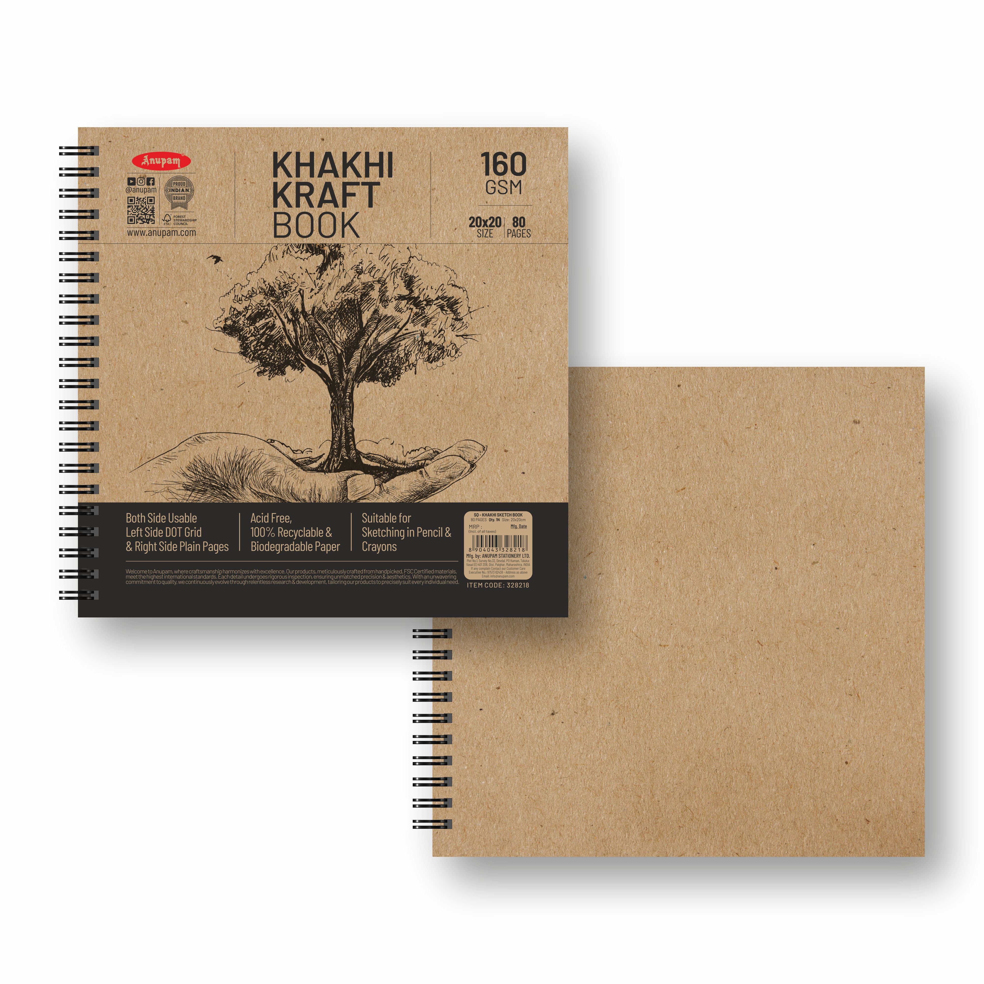 Anupam Khaki Sketchbook - Cartridge Paper - Soft Cover-Wireo book - 160 GSM