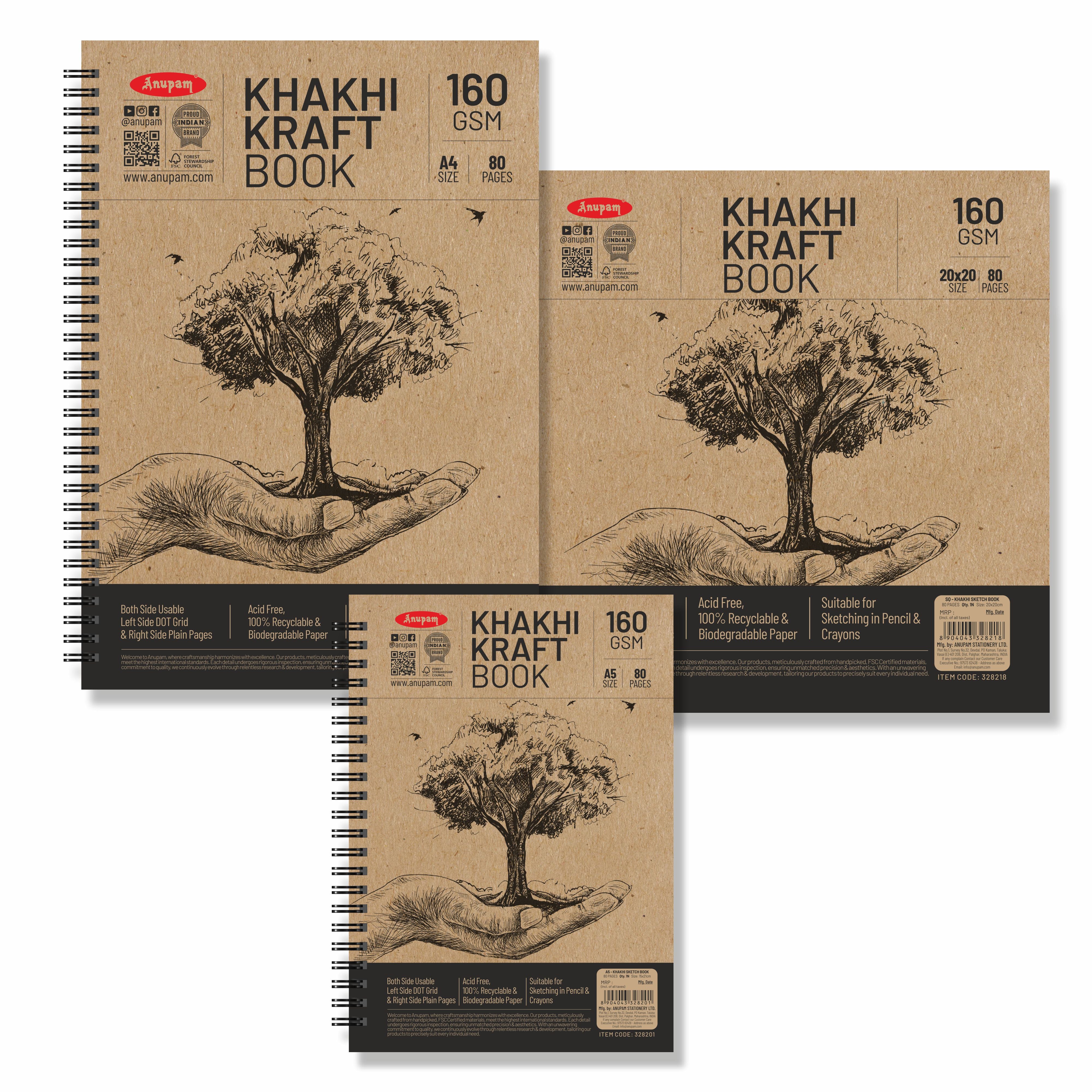 Anupam Khaki Sketchbook - Cartridge Paper - Soft Cover-Wireo book - 160 GSM