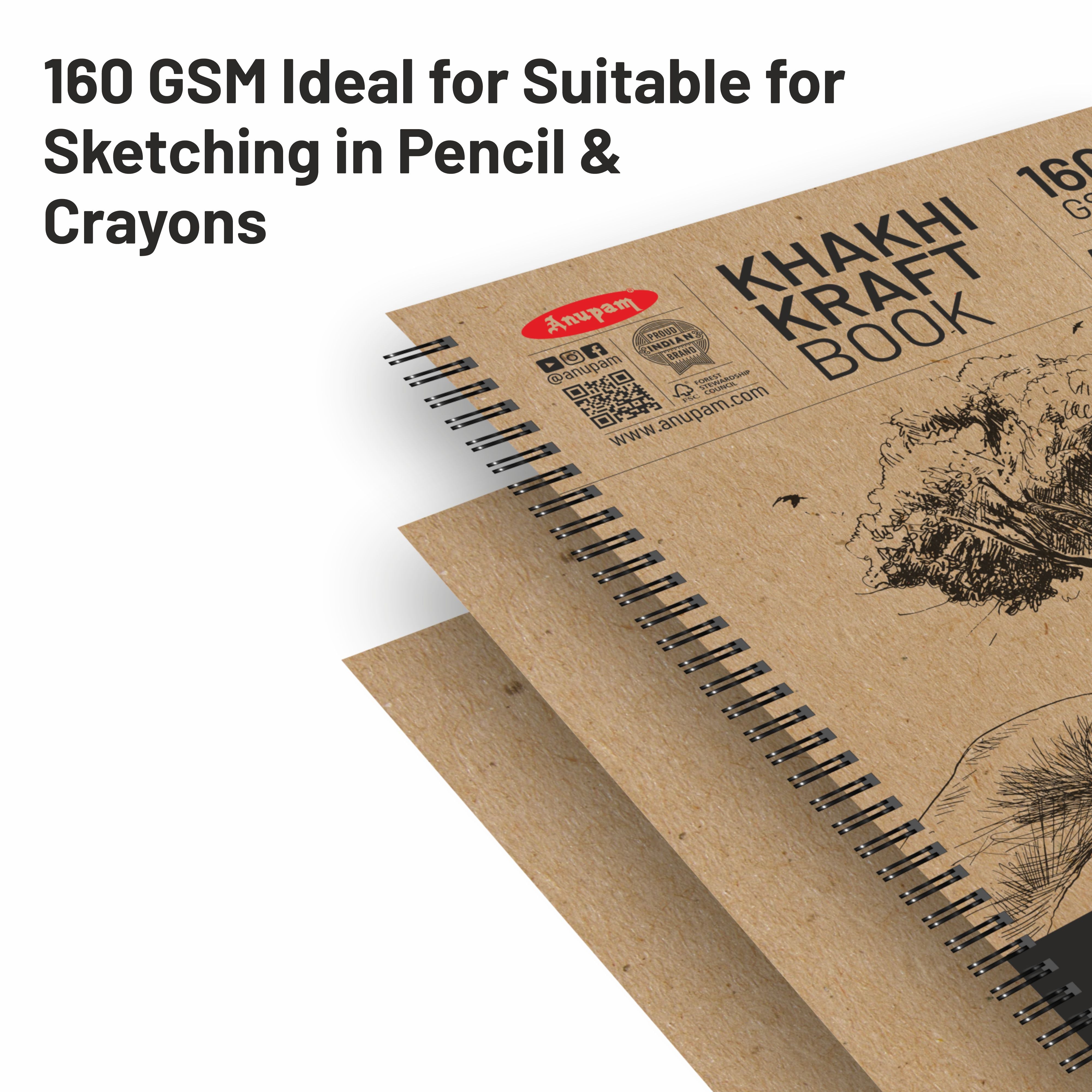 Anupam Khaki Sketchbook - Cartridge Paper - Soft Cover-Wireo book - 160 GSM
