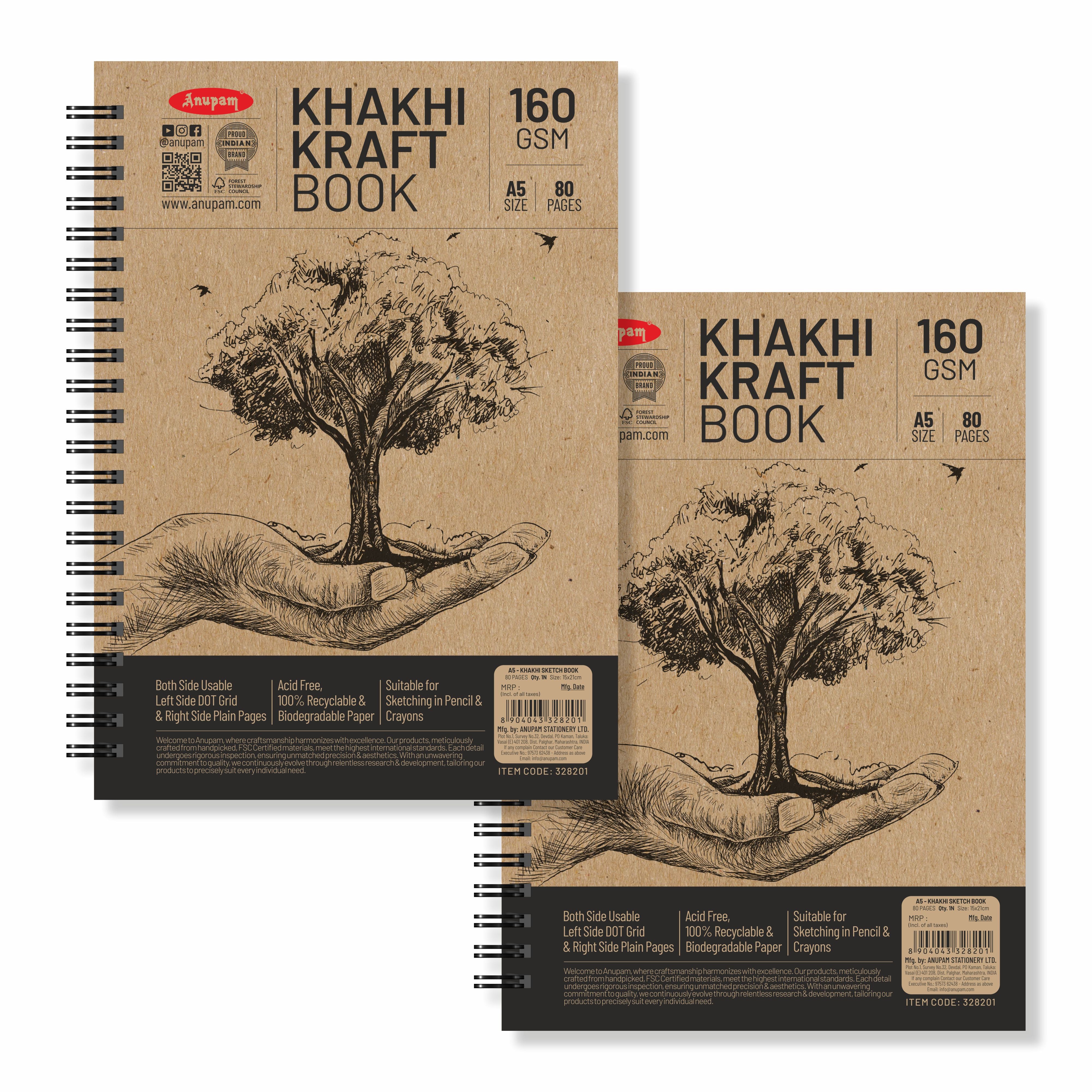 Anupam Khaki Sketchbook - Cartridge Paper - Soft Cover-Wireo book - 160 GSM