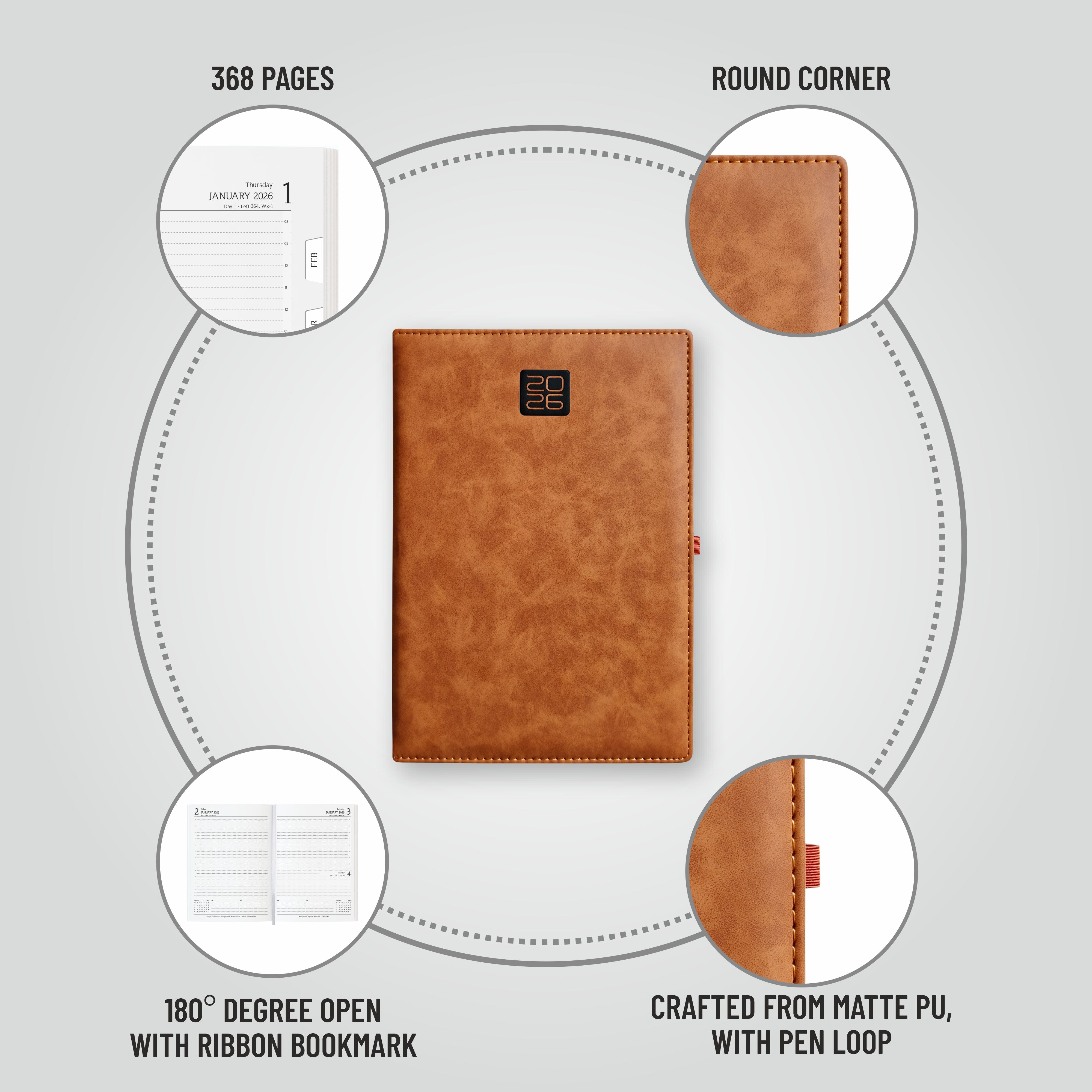 Anupam Merito 2026 Diary – Dated Daily Planner with Monthly Calendar | 80 GSM Paper | Full Page Mon–Fri, Sat–Sun Shared Page | Matte PU Cover | 365 Days