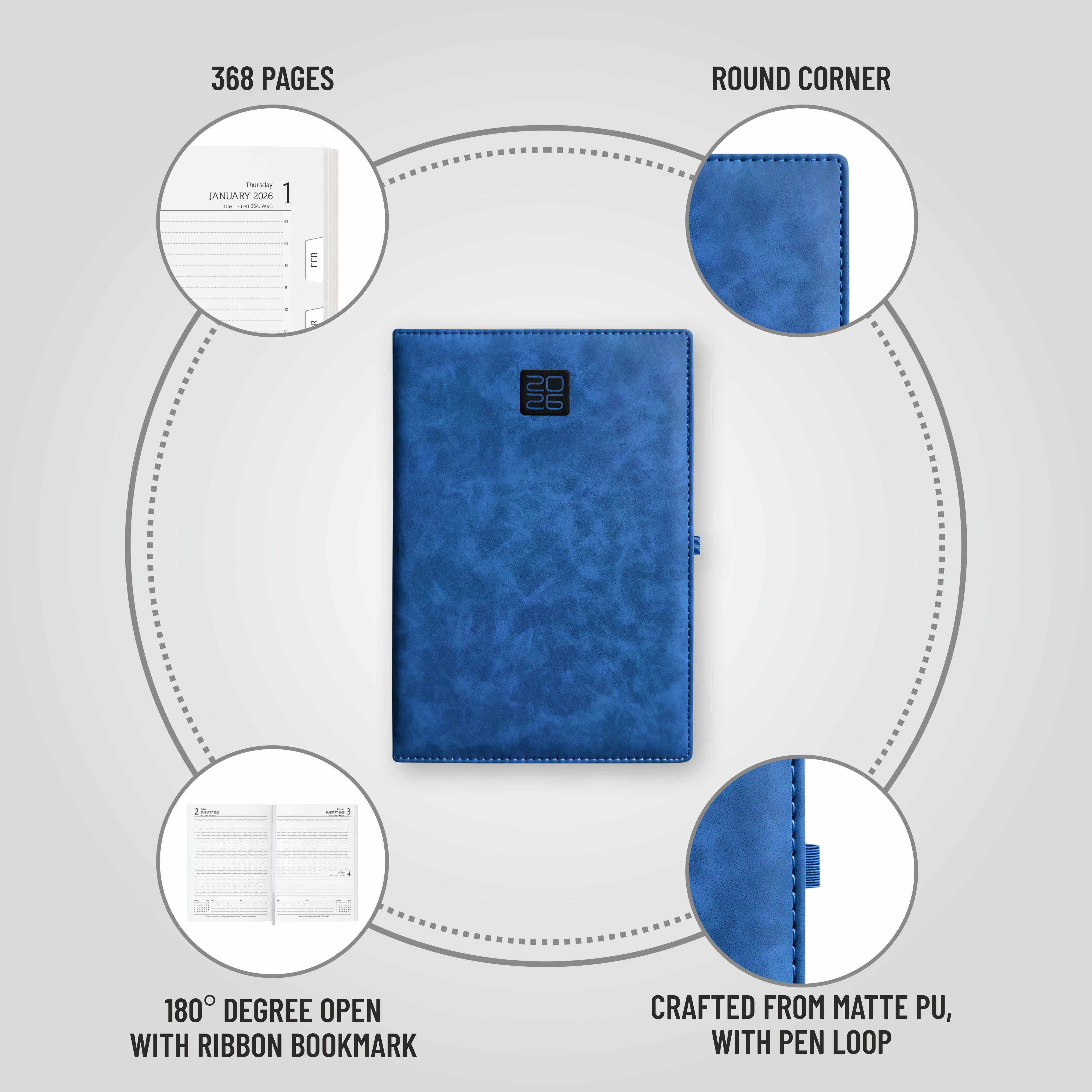 Anupam Merito 2026 Diary – Dated Daily Planner with Monthly Calendar | 80 GSM Paper | Full Page Mon–Fri, Sat–Sun Shared Page | Matte PU Cover | 365 Days