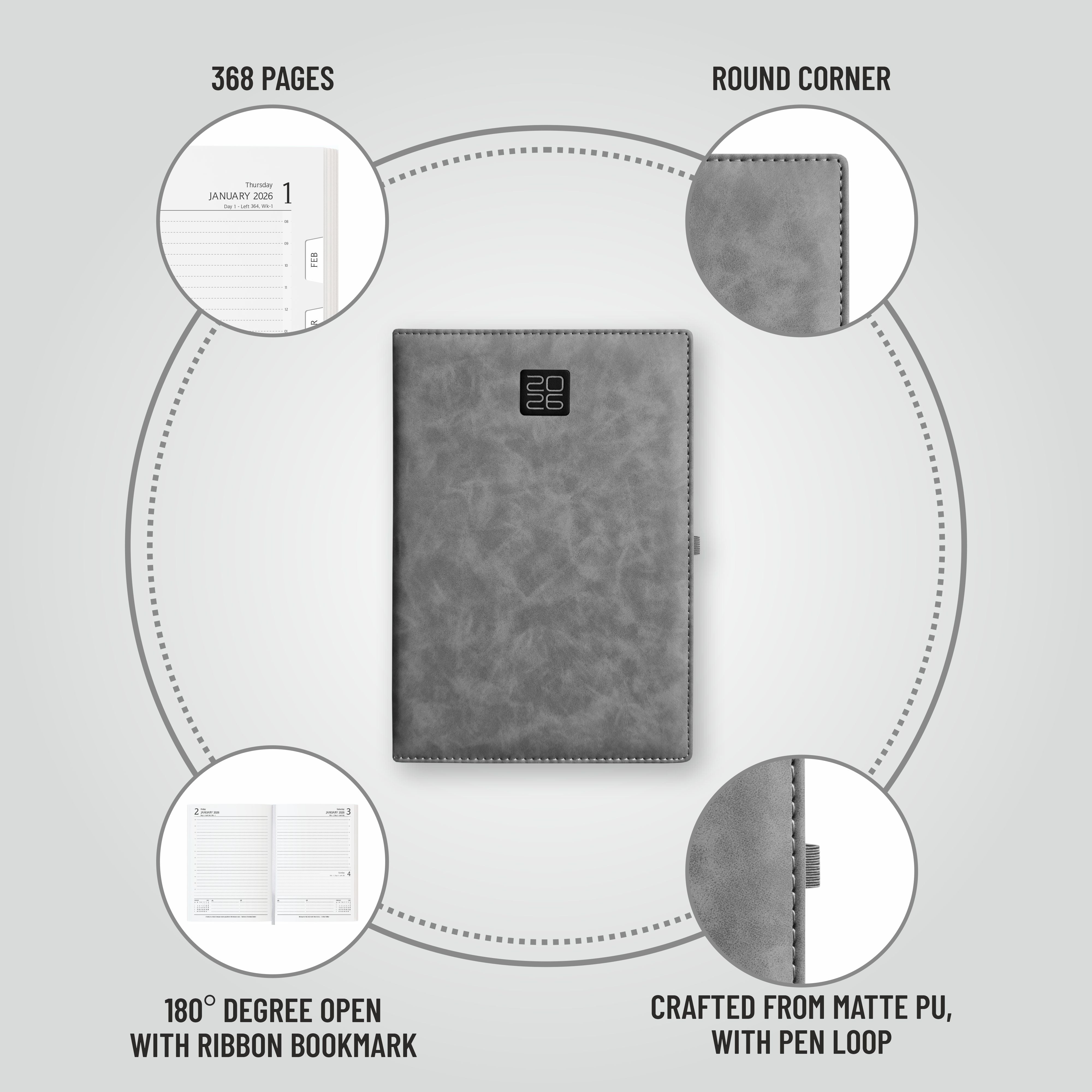 Anupam Merito 2027 Diary – Dated Daily Planner with Monthly Calendar | 80 GSM Paper | Full Page Mon–Fri, Sat–Sun Shared Page | Matte PU Cover | 365 Days