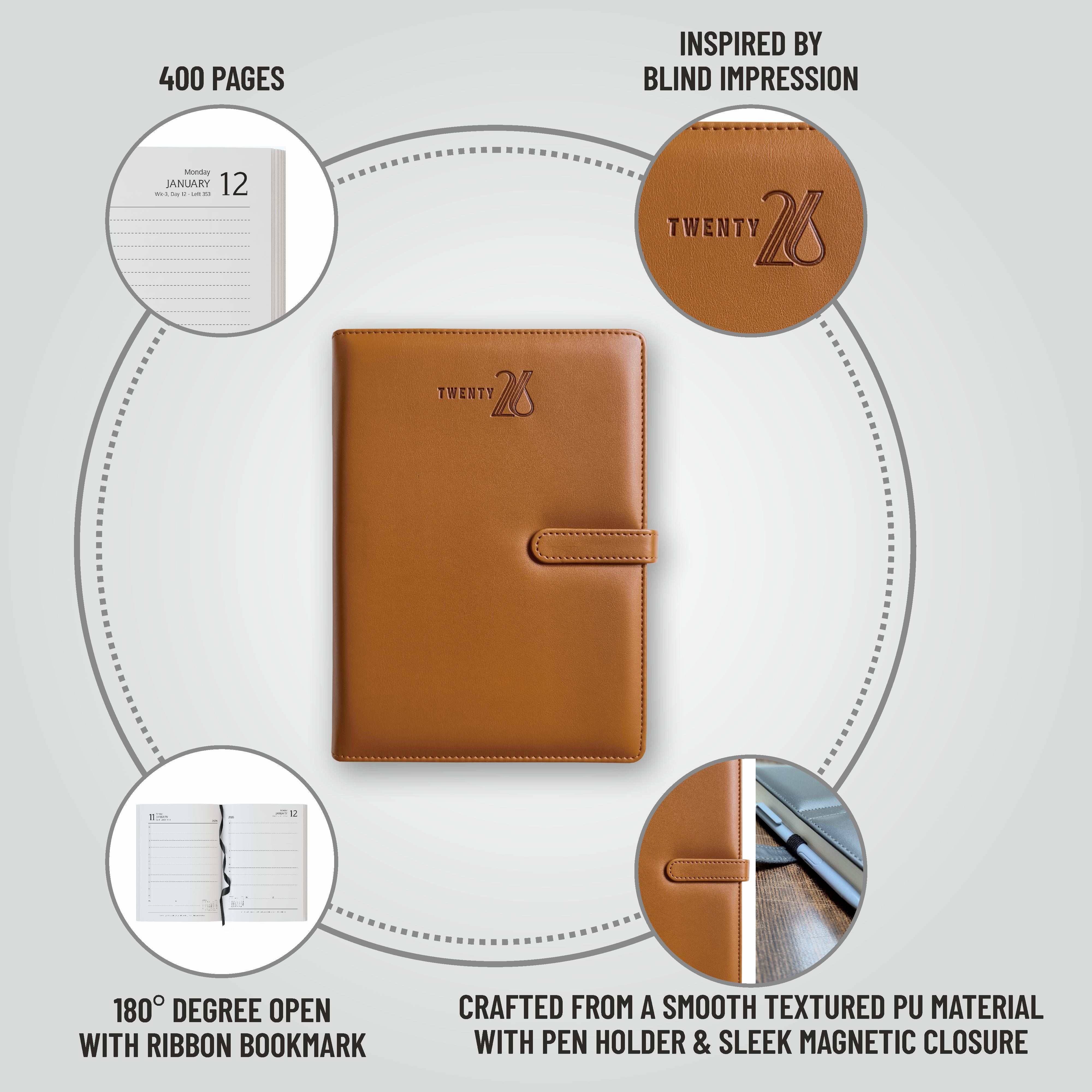 Anupam Nova 2026 Diary with Dates, 365 Days, Daily Planner with Monthly Calendar, January to December New Year Diary 2026,PU Material Cover, Magnetic Closure and Pen Holder-80GSM