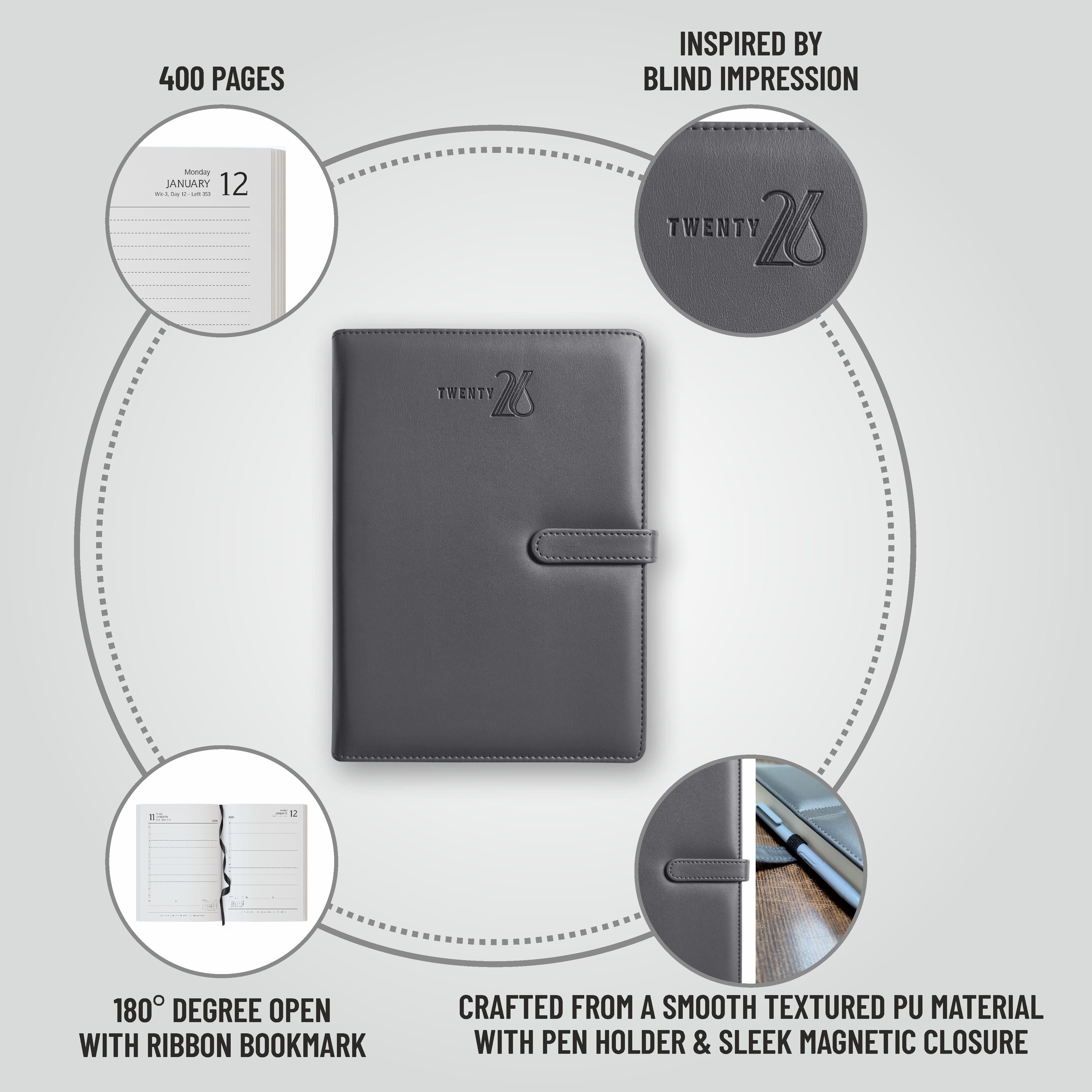 Anupam Nova 2026 Diary with Dates, 365 Days, Daily Planner with Monthly Calendar, January to December New Year Diary 2026,PU Material Cover, Magnetic Closure and Pen Holder-80GSM