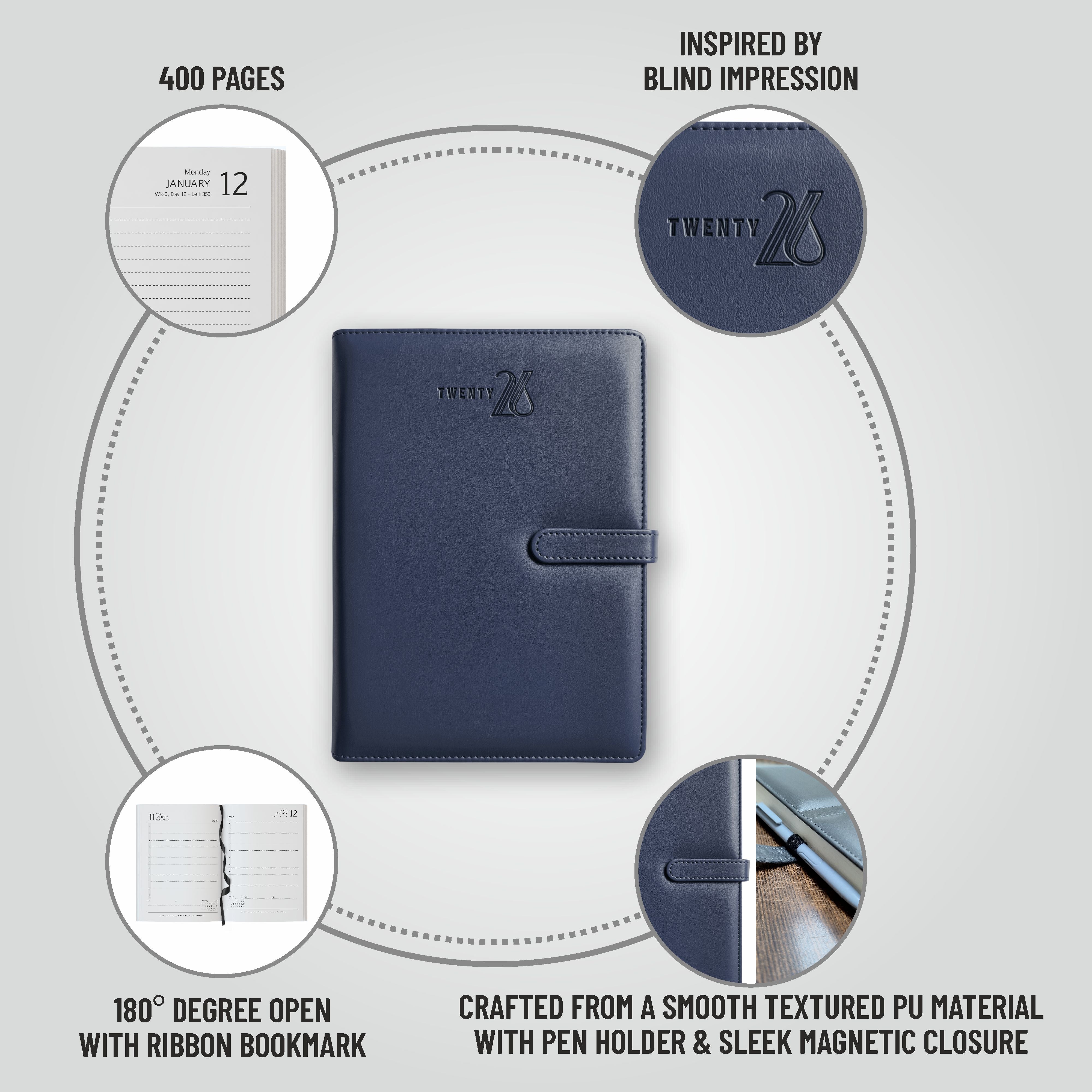 Anupam Nova 2026 Diary with Dates, 365 Days, Daily Planner with Monthly Calendar, January to December New Year Diary 2026,PU Material Cover, Magnetic Closure and Pen Holder-80GSM