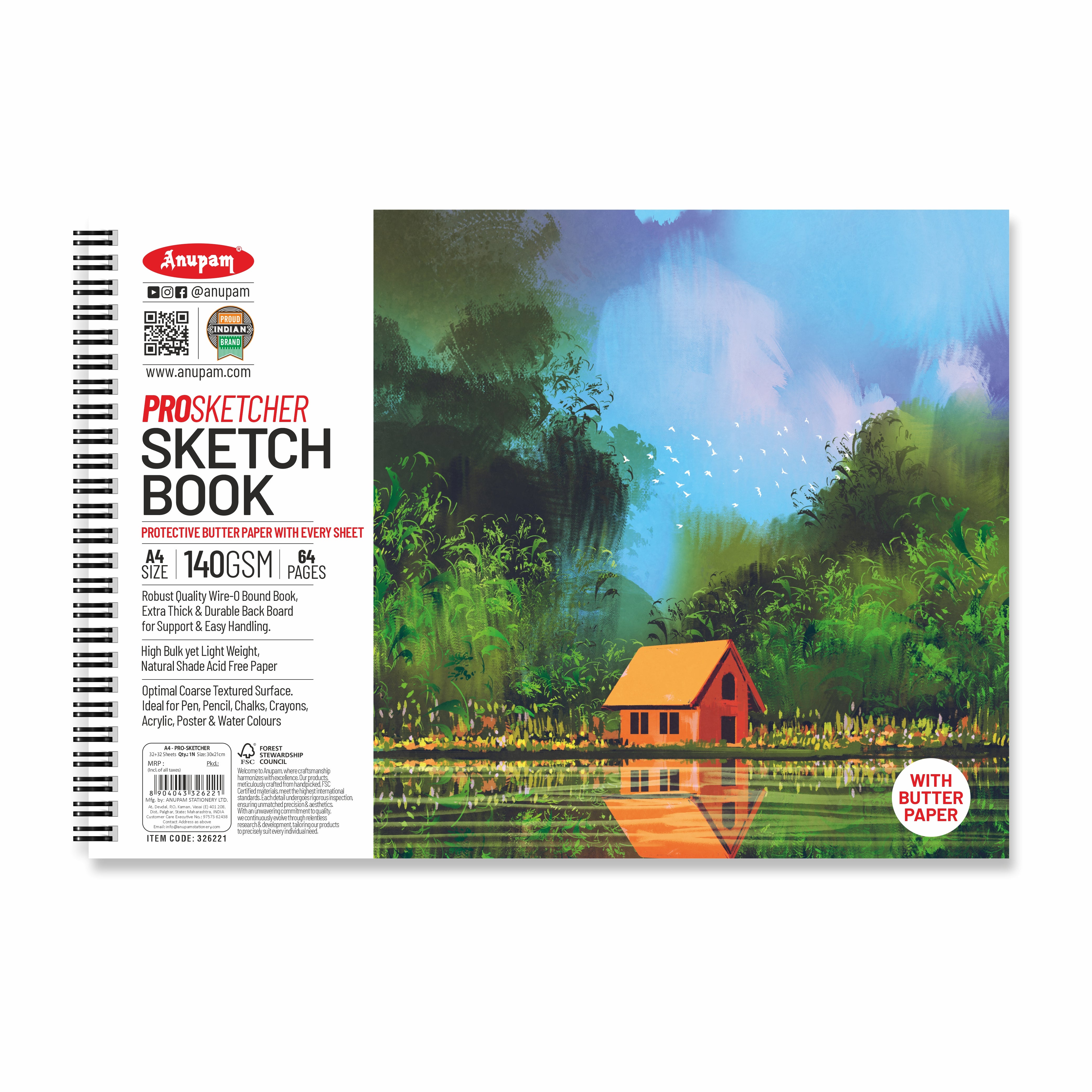Anupam Pro Sketcher Drawing Book with Butter Paper Pages Spiral-Bound Sketchpad 140 GSM for Artists, Kids & Professionals (32 Sheets, 64 Pages)