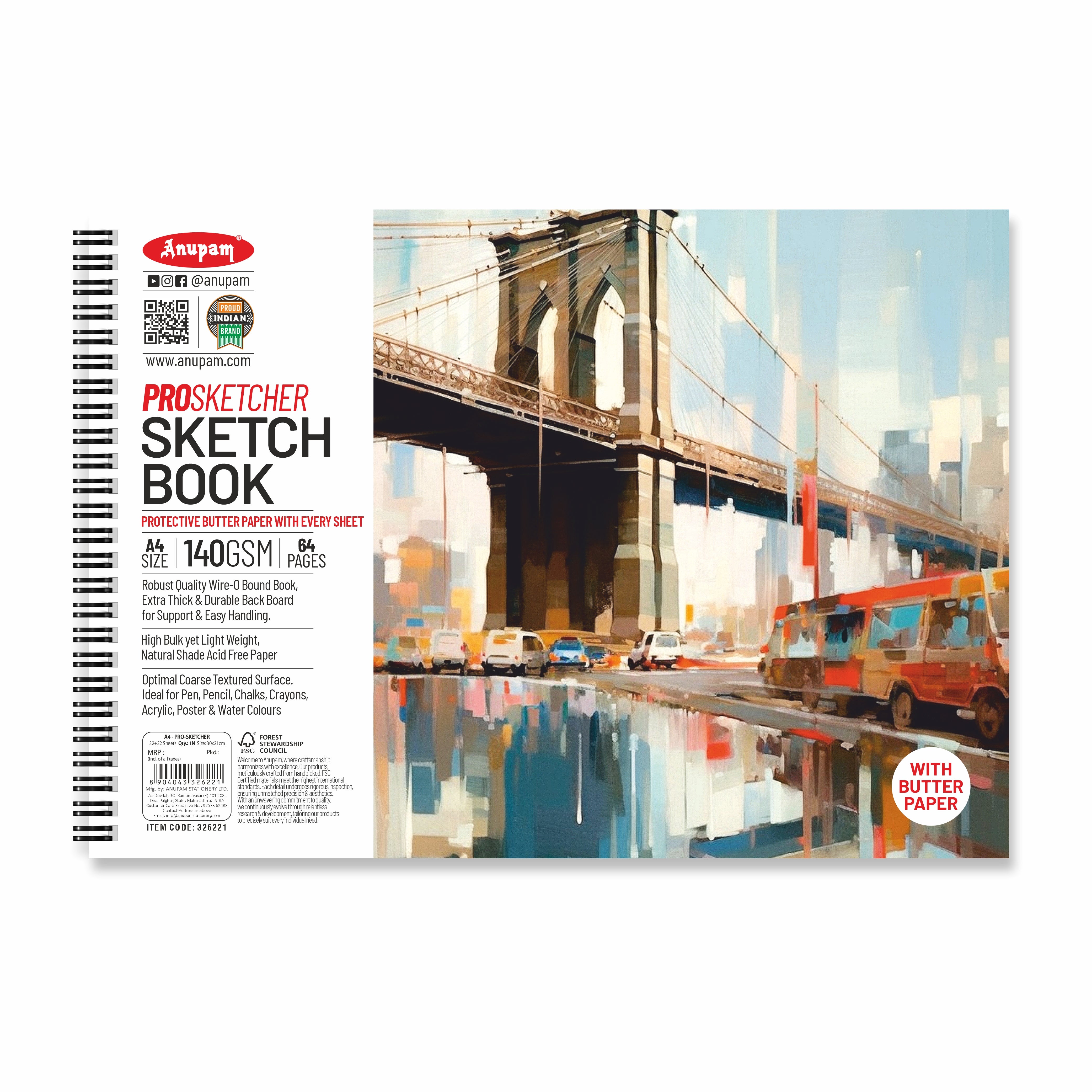 Anupam Pro Sketcher Drawing Book with Butter Paper Pages Spiral-Bound Sketchpad 140 GSM for Artists, Kids & Professionals (32 Sheets, 64 Pages)