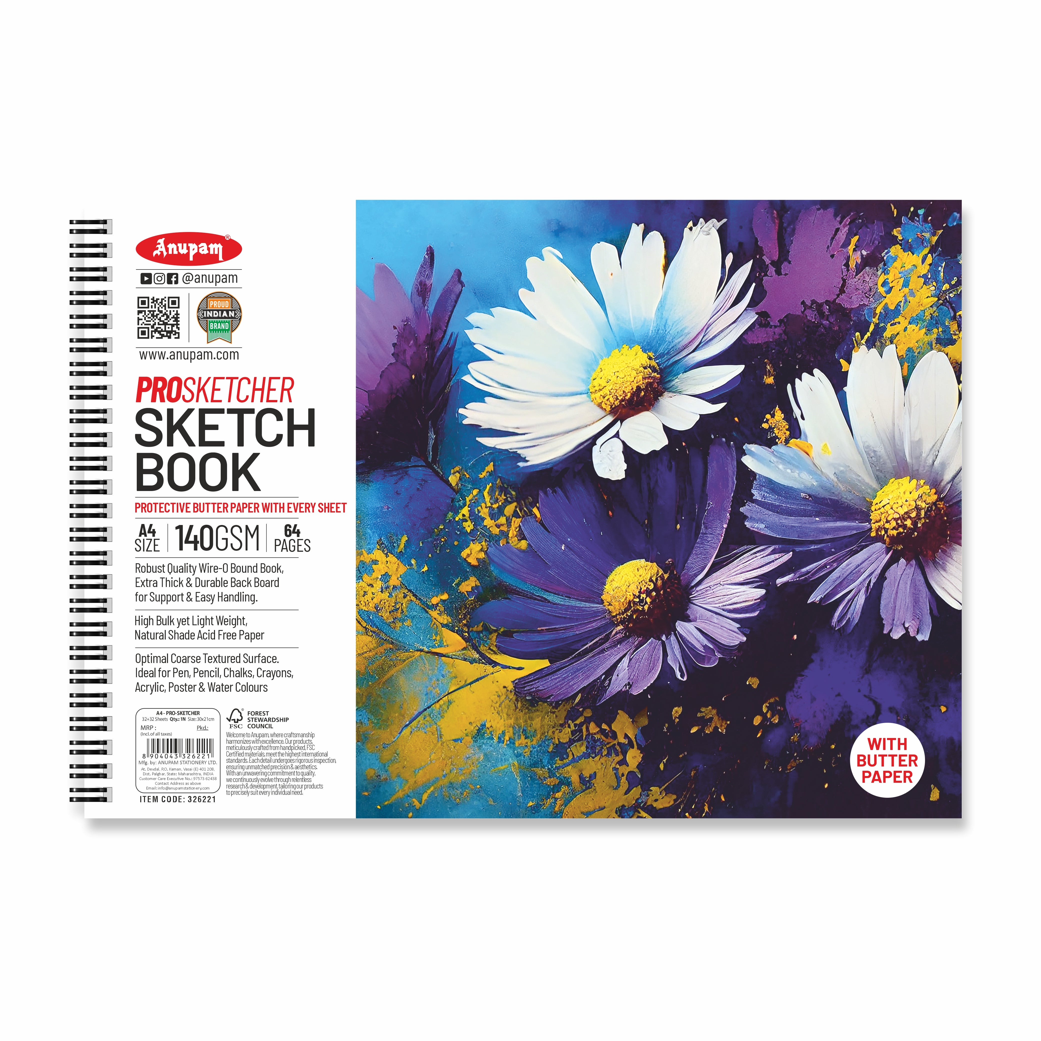 Anupam Pro Sketcher Drawing Book with Butter Paper Pages Spiral-Bound Sketchpad 140 GSM for Artists, Kids & Professionals (32 Sheets, 64 Pages)