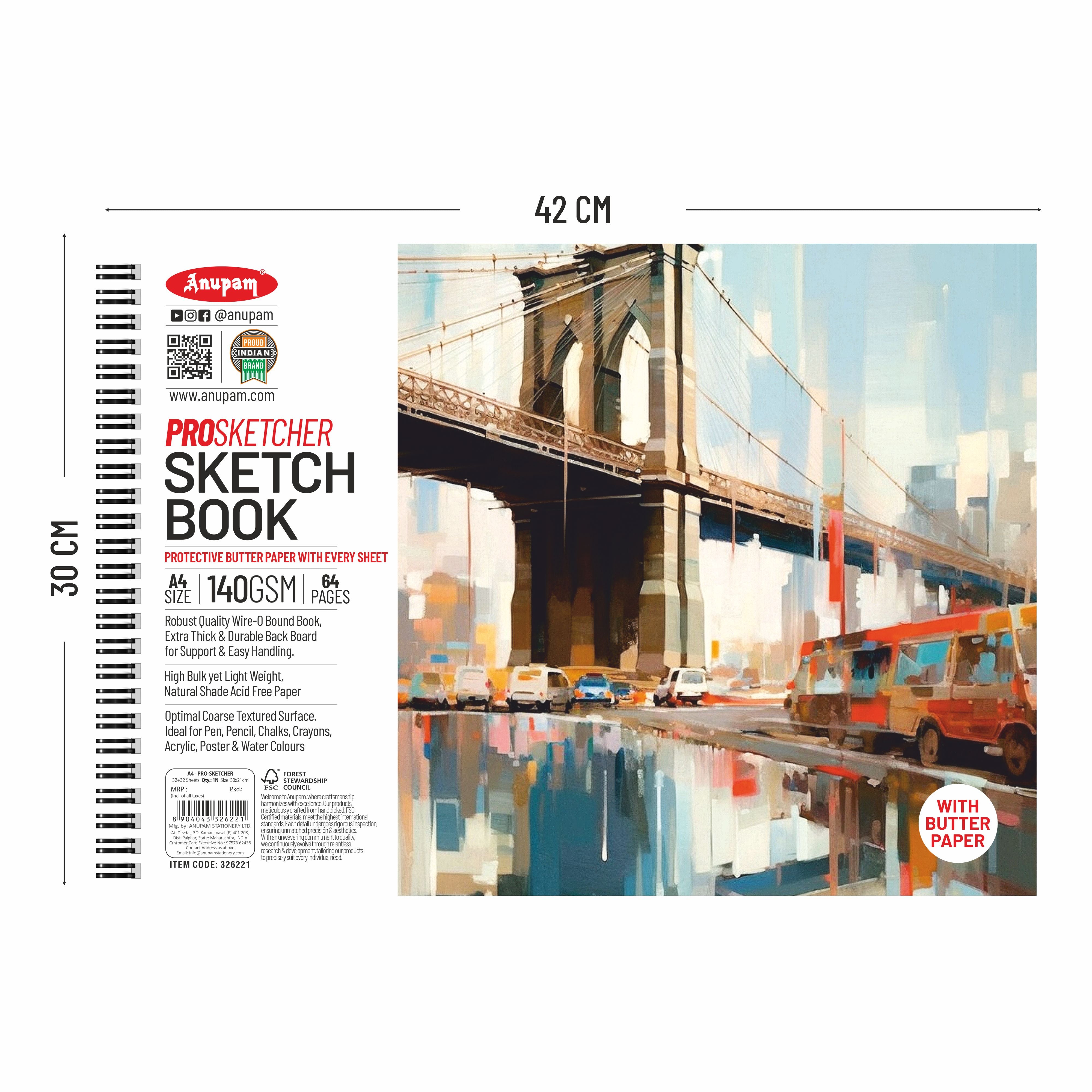 Anupam Pro Sketcher Drawing Book with Butter Paper Pages Spiral-Bound Sketchpad 140 GSM for Artists, Kids & Professionals (32 Sheets, 64 Pages)