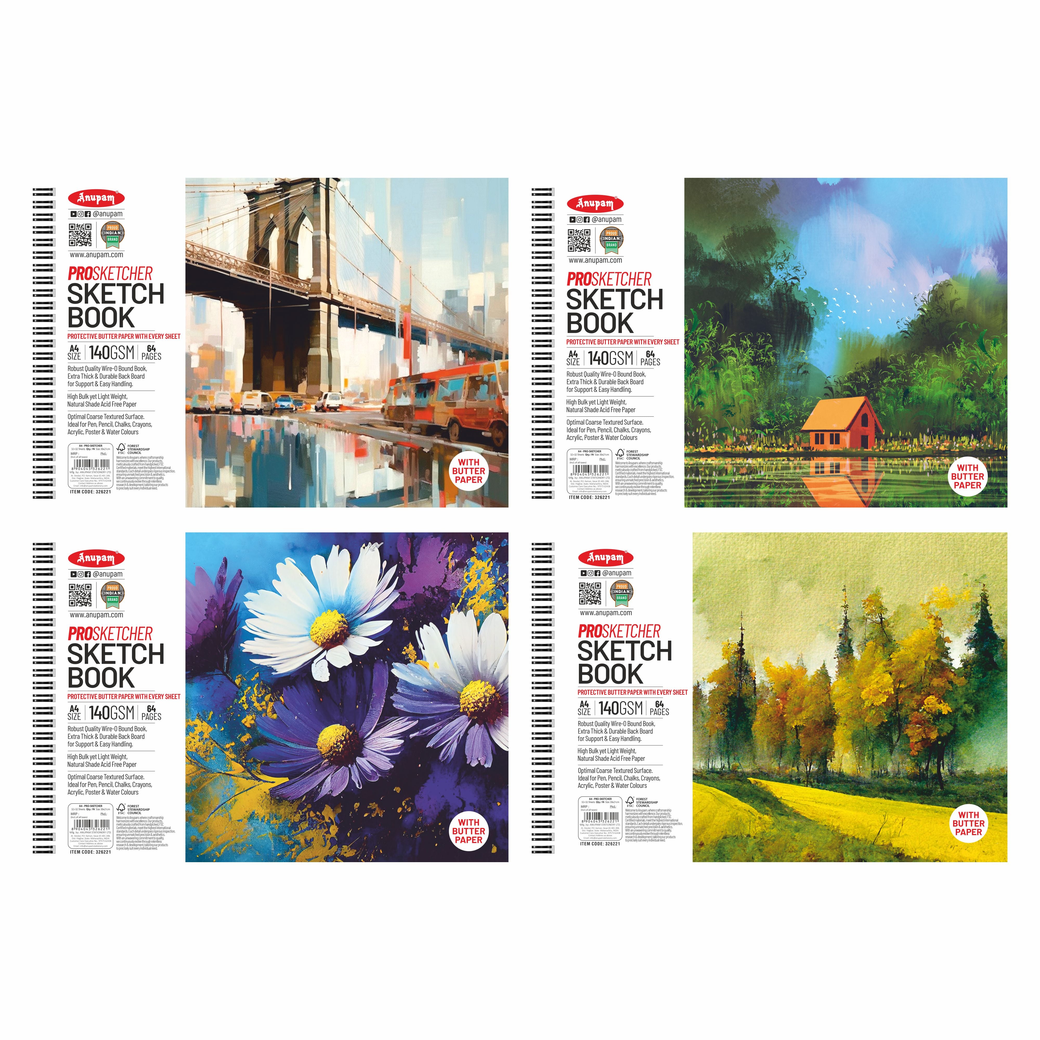 Anupam Pro Sketcher Drawing Book with Butter Paper Pages Spiral-Bound Sketchpad 140 GSM for Artists, Kids & Professionals (32 Sheets, 64 Pages)