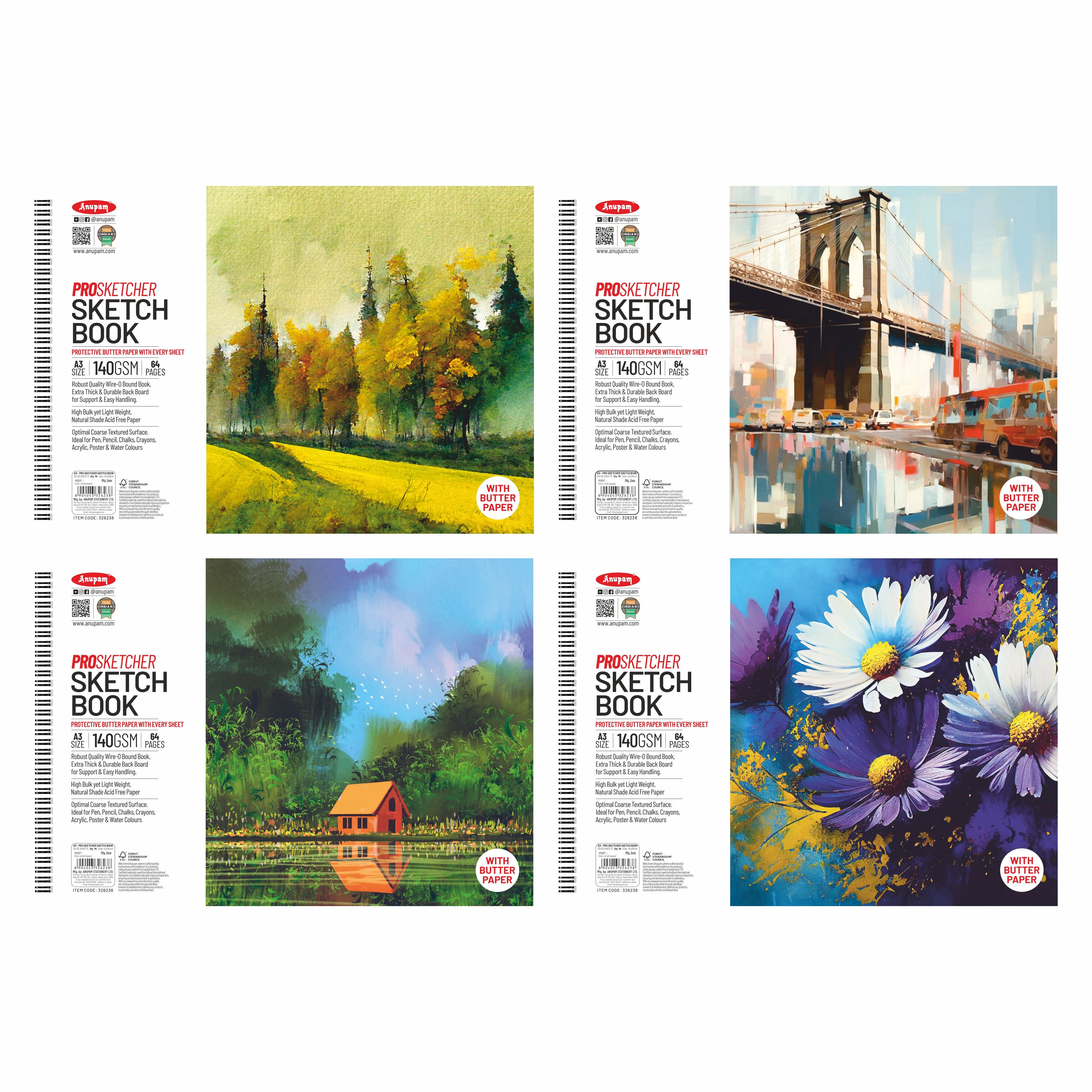 Anupam Pro Sketcher Drawing Book with Butter Paper Pages Spiral-Bound Sketchpad 140 GSM for Artists, Kids & Professionals (32 Sheets, 64 Pages)